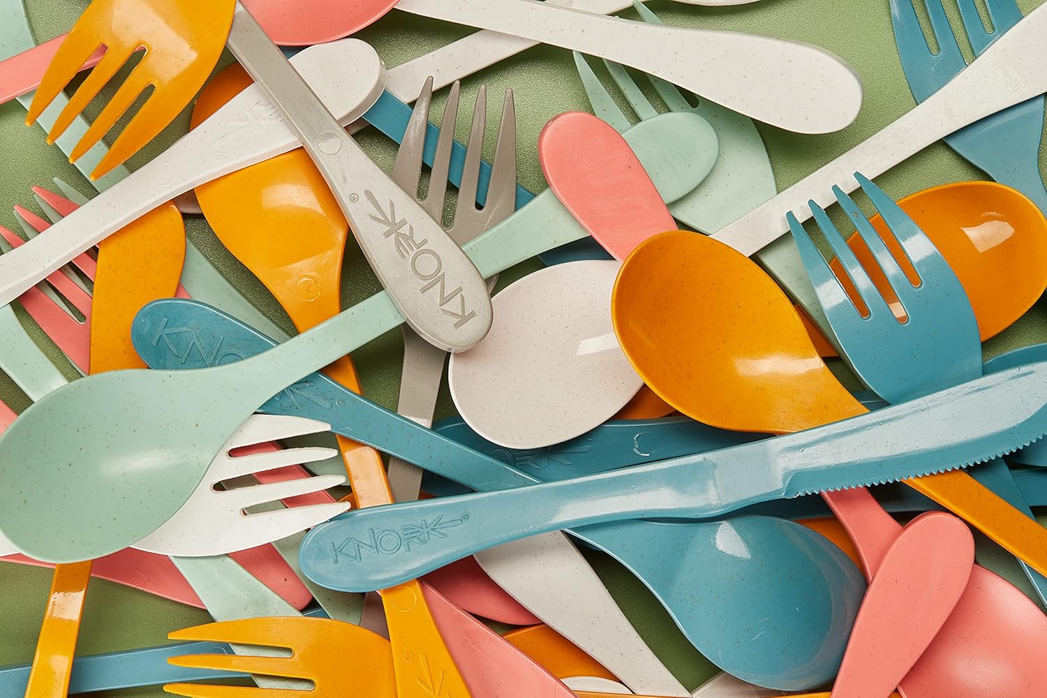 KNORK Eco 12 Piece (Fork, Knife, Spoon) Plant Based Cutlery Bamboo Reusable Flatware Set, (Mint, coral, white, gray) - Image 2