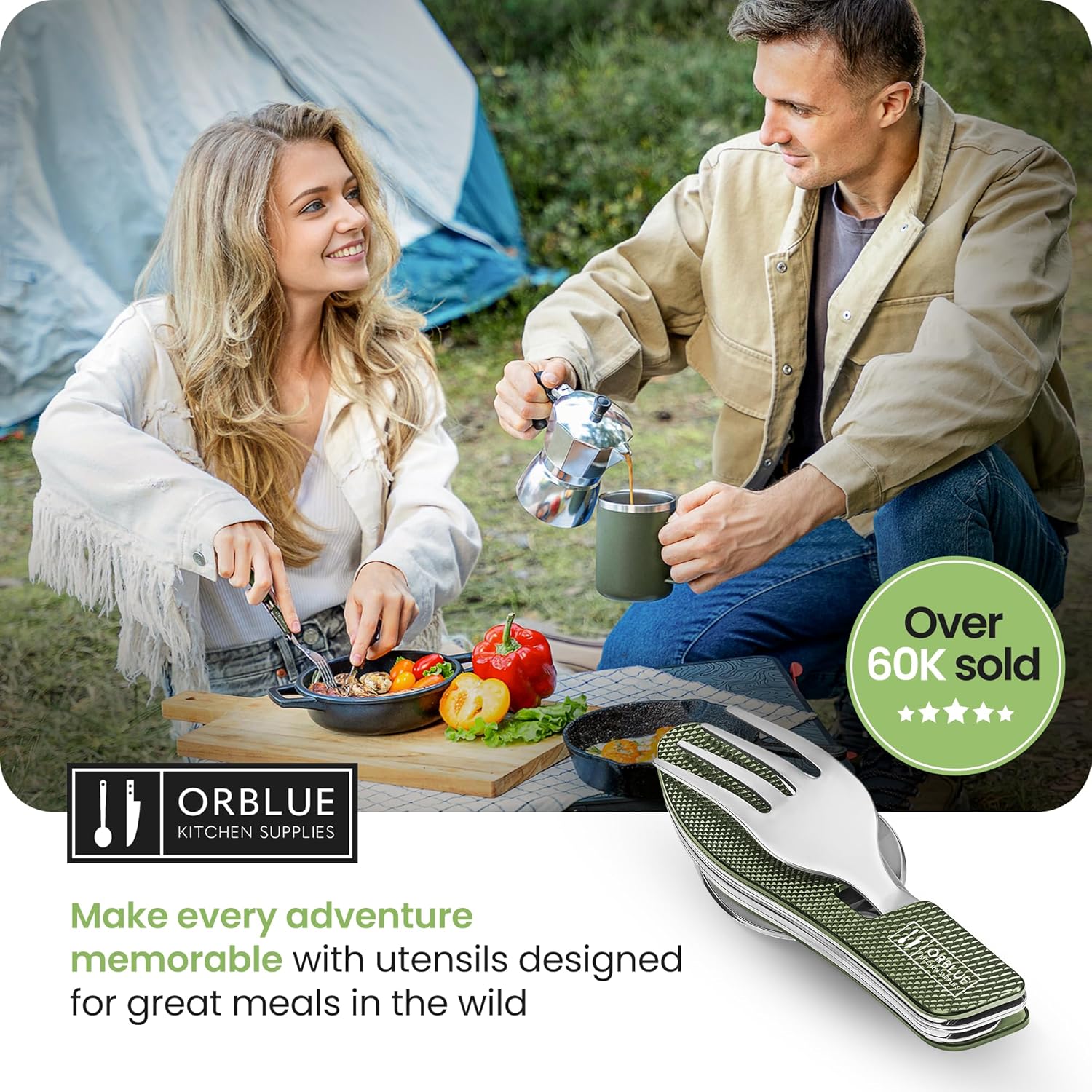 Orblue 4-in-1 Camping Utensils, 1-Pack, Portable Stainless Steel Spoon, Fork, Knife & Bottle Opener Combo Set - Travel, Backpacking Cutlery Multitool Olive Green - Image 8