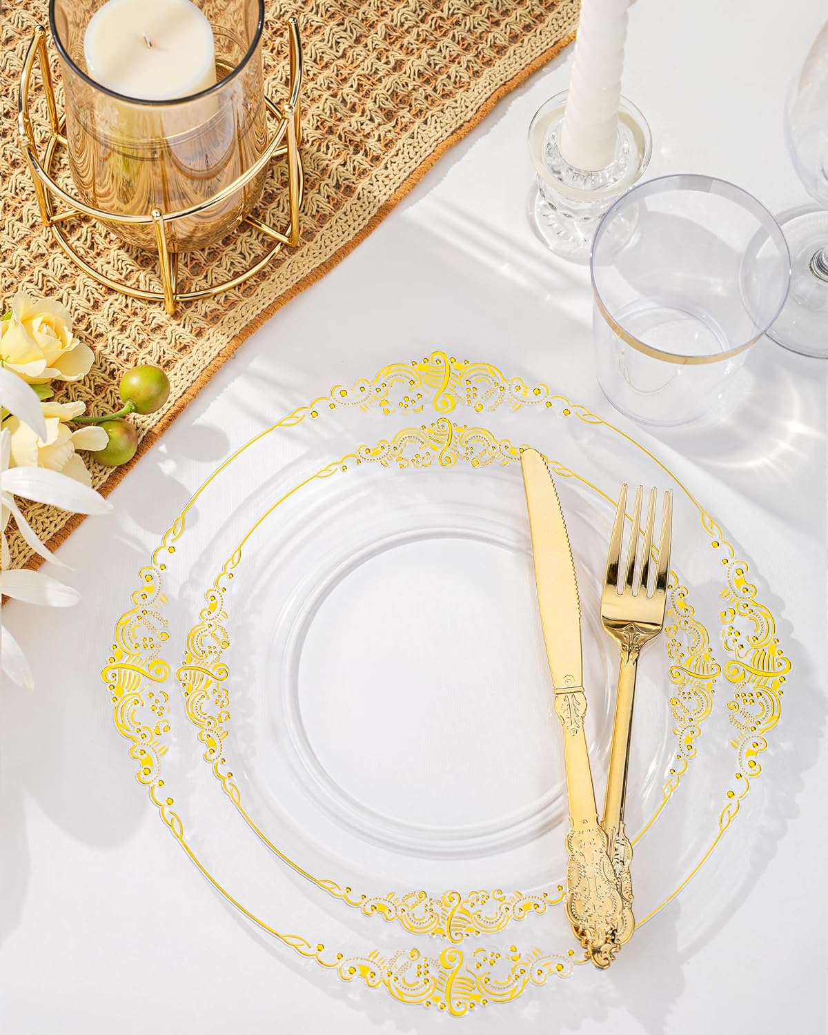 Nervure 100PCS Clear and Gold Plastic Plates - 10.25Inch Gold Disposable Plates - Heavyweight Dinner Plate for Wedding & Party - Image 3