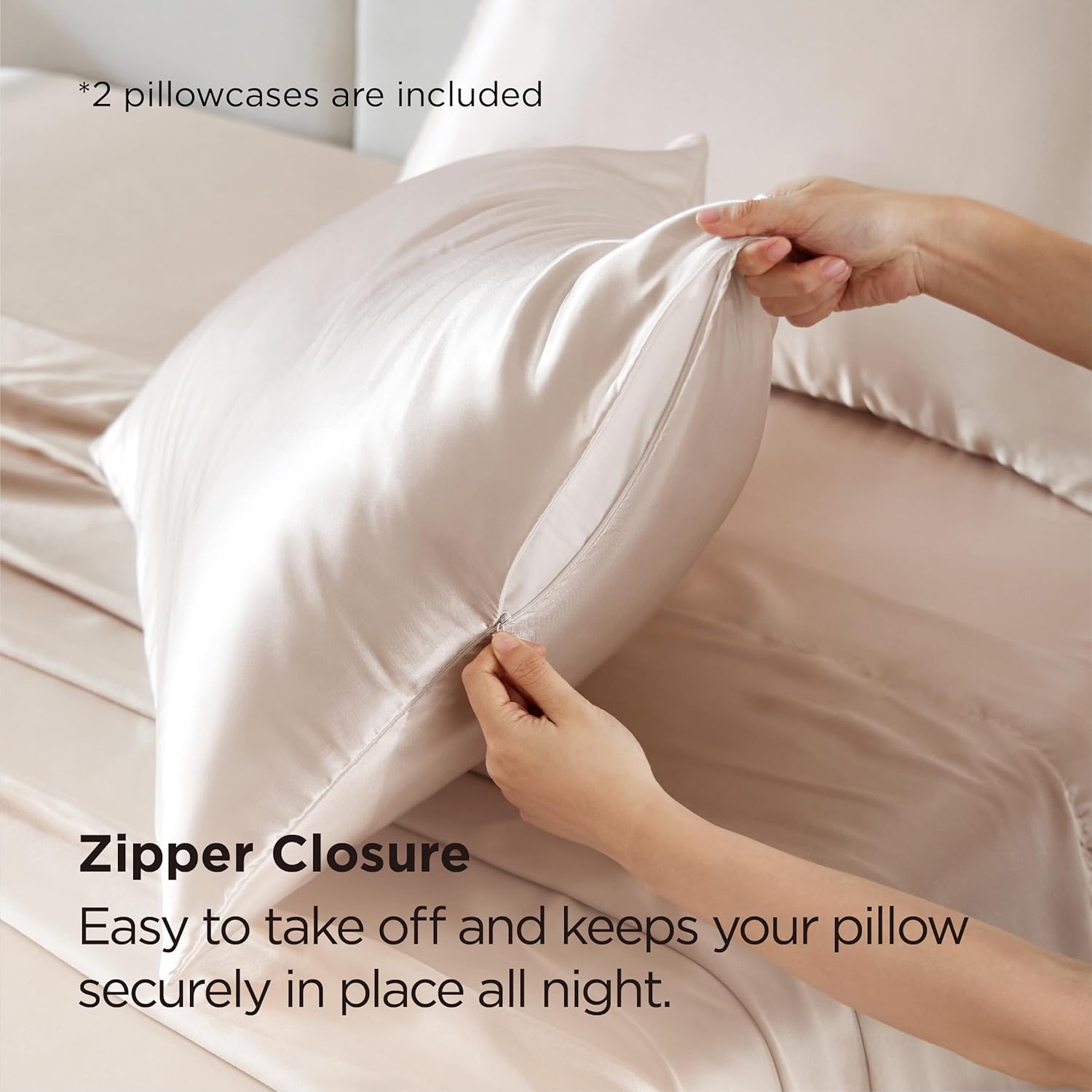 Bedsure Satin Pillowcase with Zipper, Similar to Silk Pillow Cases 2 Pack, Beige Standard Size Satin Pillow Case, Silky & Soft Pillow Covers, Valentines Day Gifts for Women Men, 20x26 Inches - Image 6