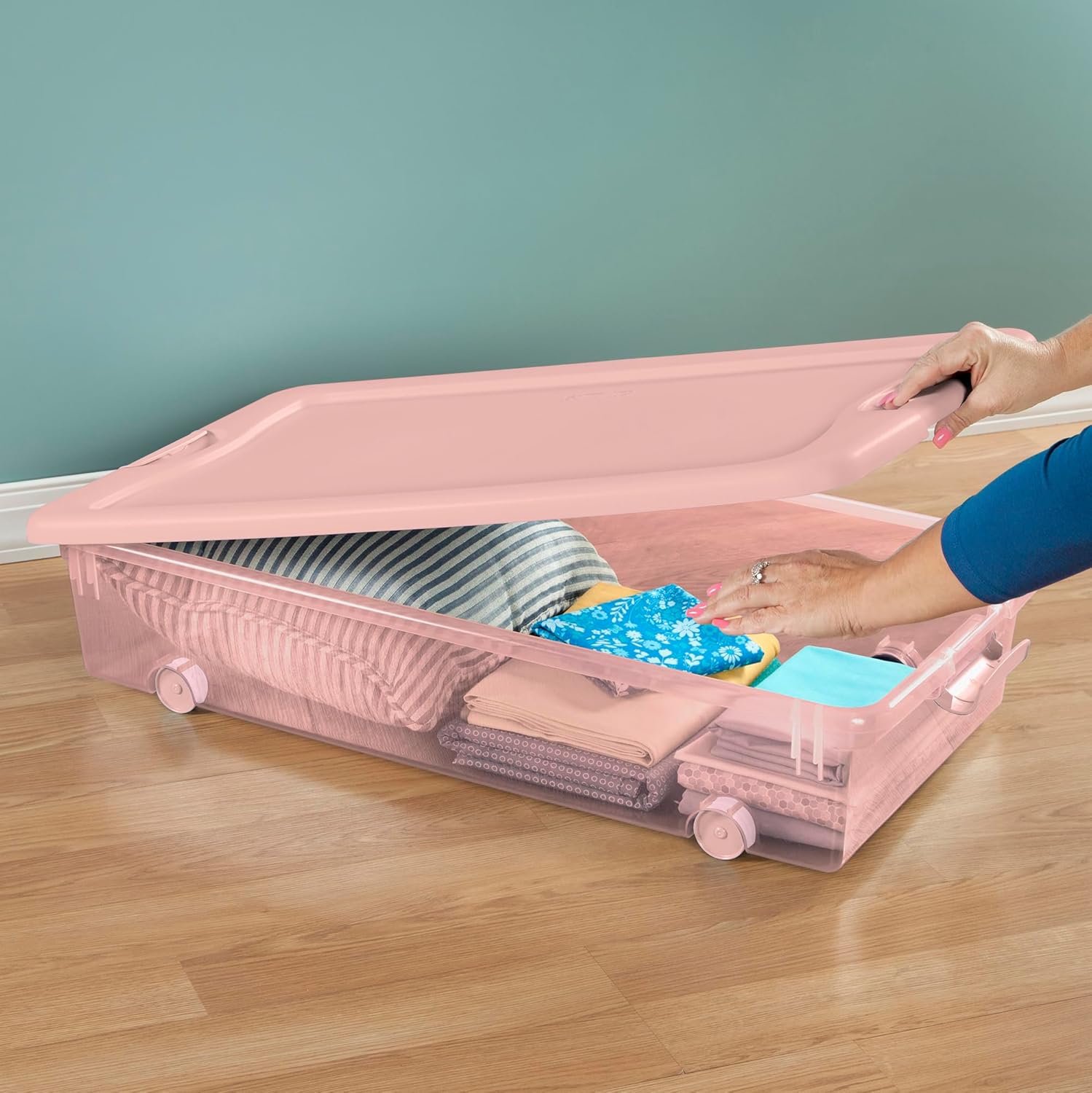 Sterilite 4-Pack 56 Quart Wheeled Latching Box, Underbed Plastic Storage Organizer, Pearl Blush Tint - Under Bed Rolling Container Bin with Lid and Wheels for Home or Dorm Bedrooms and Closets - Image 5