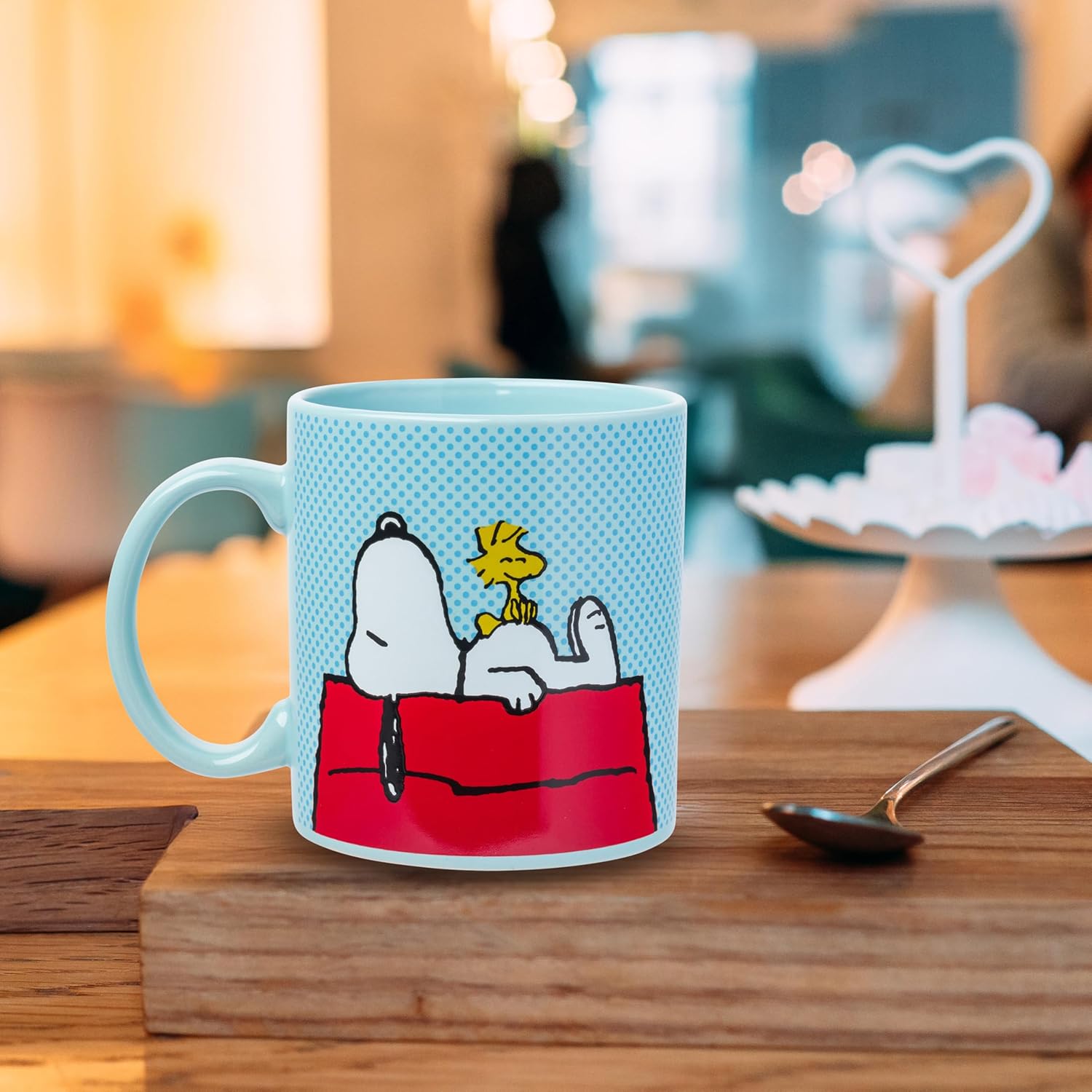 Silver Buffalo Peanuts Snoopy and Woodstock on House Blue Dot Background Ceramic Coffee Mug, 20 Ounces - Image 6