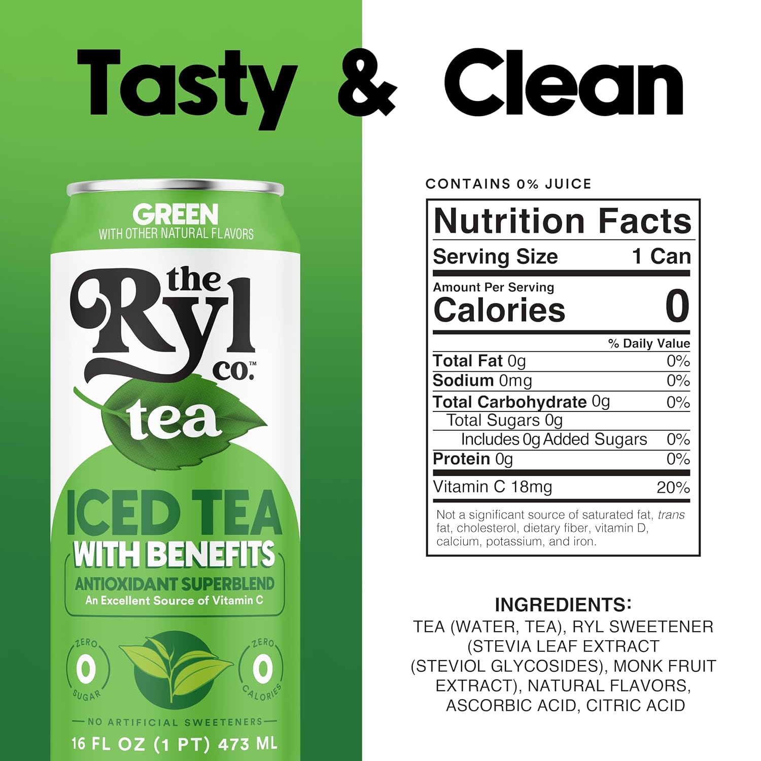 Ryl Iced Tea, Green –Zero Sugar, Antioxidant Superblend, Zero Calorie, Low Carb, Non-GMO, Kosher, Gluten Free, Made in the USA, 12-Pack, 16 Fl Oz - Image 3