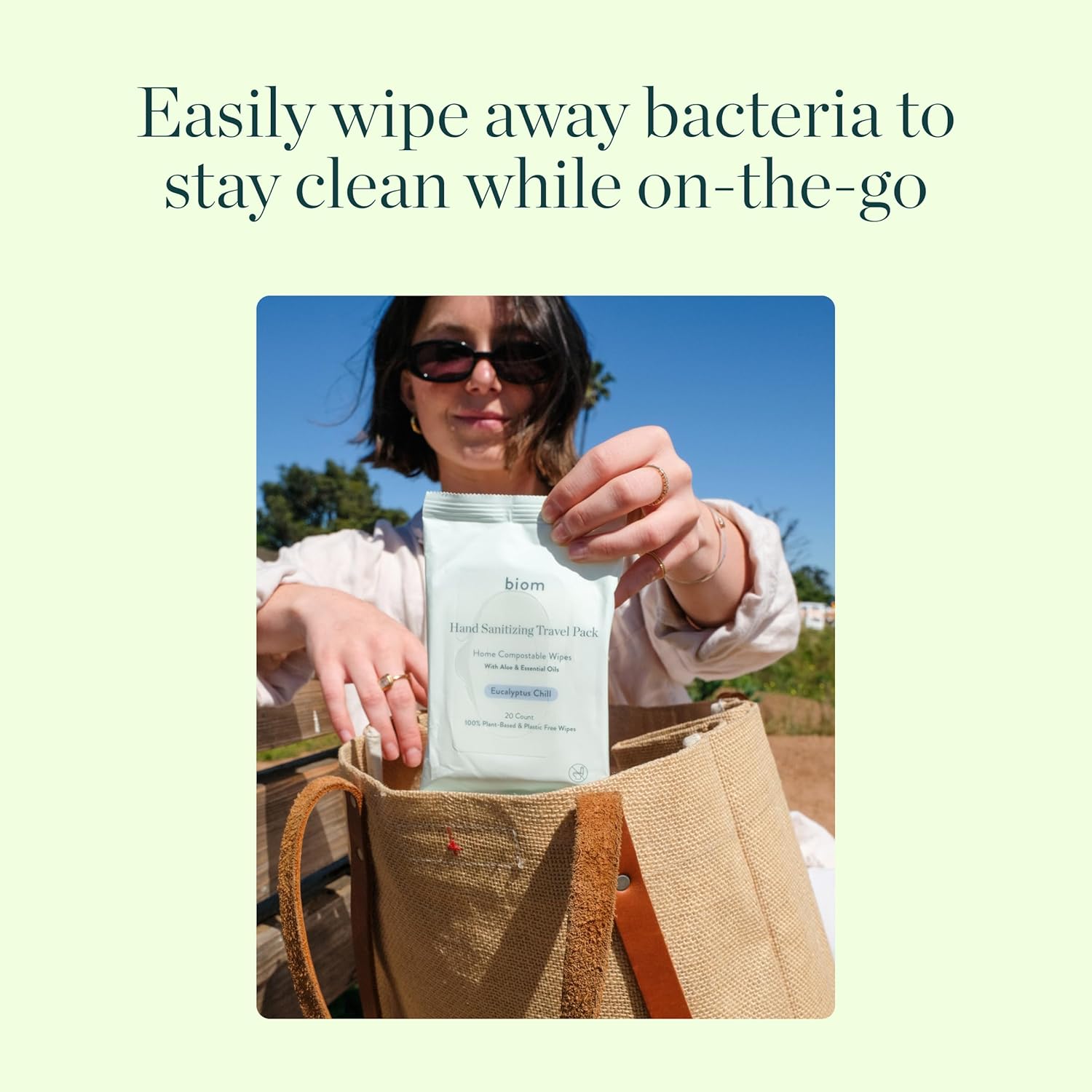 Biom Hand Sanitizing Wipes - Travel Size 10 pack(200 Wipes) 65% Ethanol Alcohol, Kills 99.9% of Germs, Removes Dirt & Grime, Made of Plant-Based & Plastic Free Fibers, Hypoallergenic -Eucalyptus Chill - Image 8