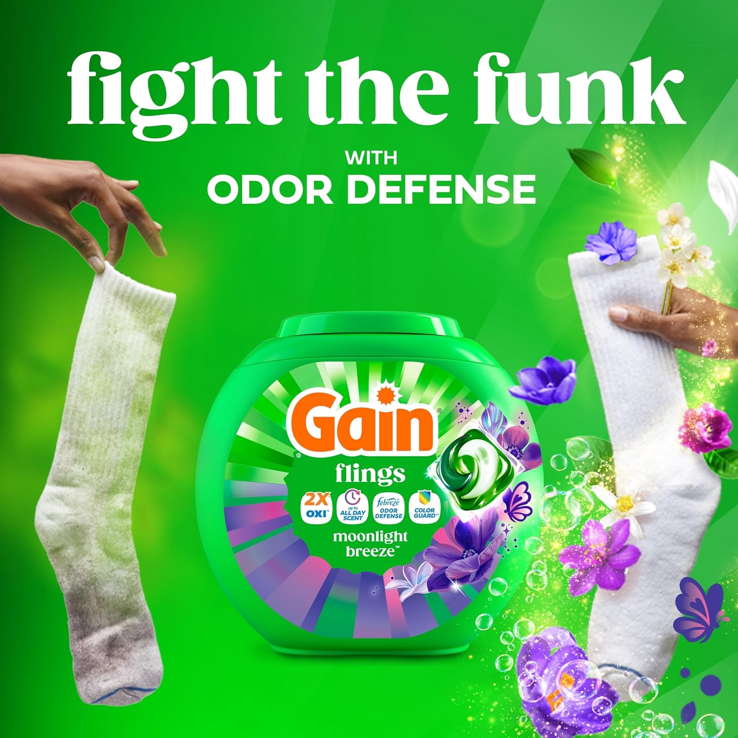 Gain Flings Laundry Detergent Pods Odor Defense + Color Guard, Moonlight Breeze Scent, 3 in 1 HE Detergent Pacs with Oxi Boost and Febreeze, 112 Count (Packaging May Vary) - Image 4