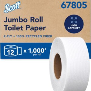 Scott Professional 100% Recycled Fiber High-Capacity Jumbo Roll Toilet Paper, Bulk (67805), 2-Ply, Septic Safe, White, Non-Perforated (12 Rolls at 1,000′ Each, 12,000’/Case)