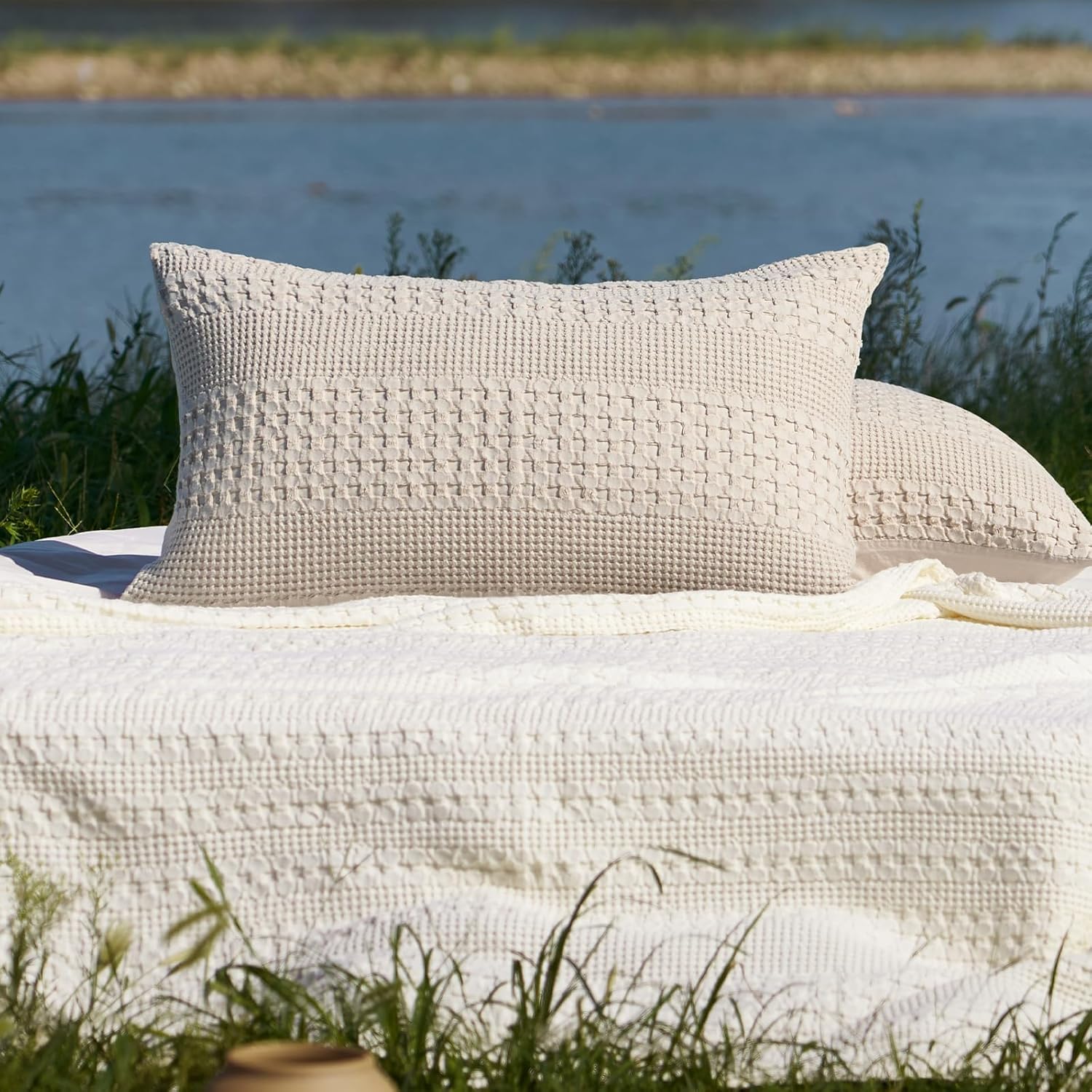 PHF 100% Cotton Waffle Pillow Shams Standard Size, 2 Pack 20" x 26" Soft Skin-Friendly Pillowcases, No Filling, Aesthetic Woven and Breathable Waffle Weave Pillow Case Covers for Bed, Oatmeal - Image 7