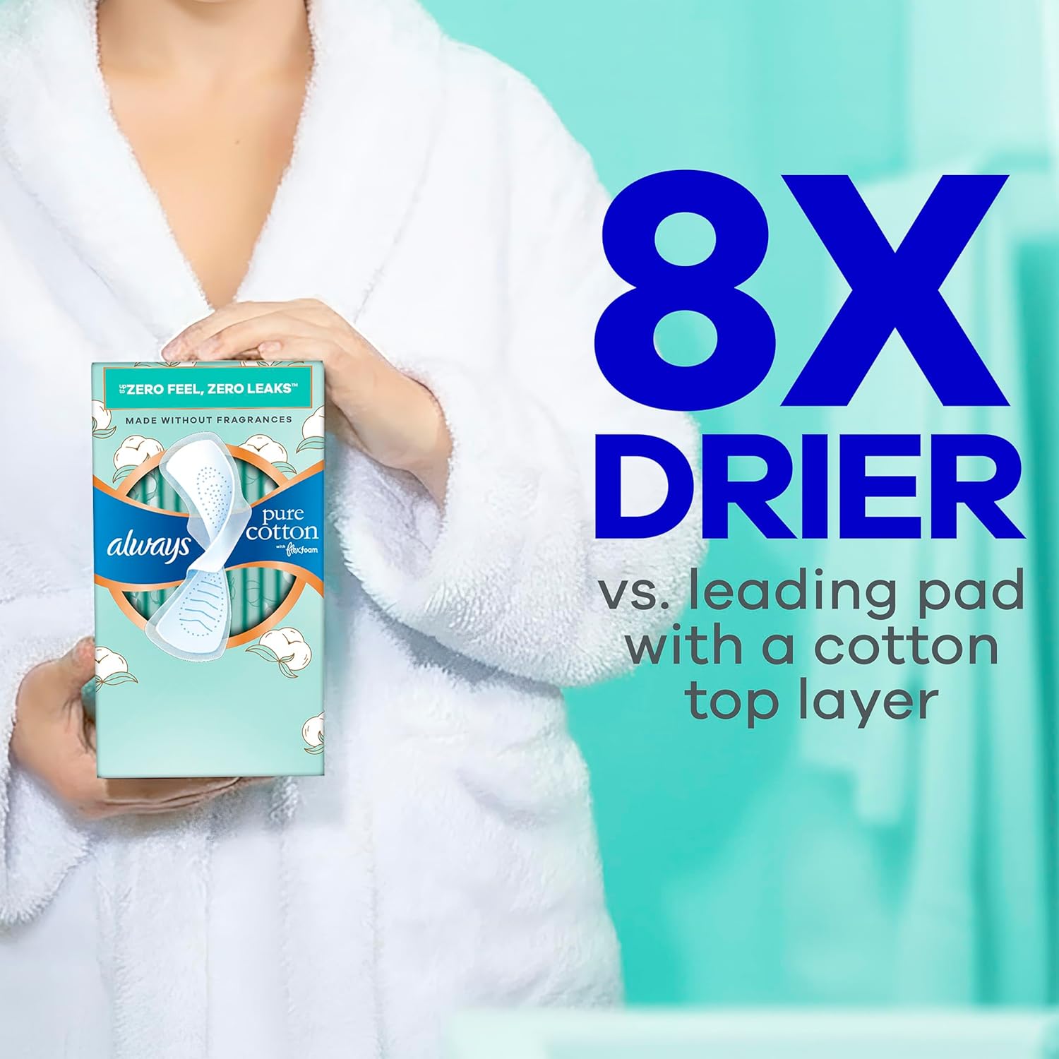 Always Pure Cotton Feminine Pads for Women, FlexFoam Pads with Wings, Size 2, Heavy Absorbency, Unscented, 72 Count (3 Packs of 24) - Image 4