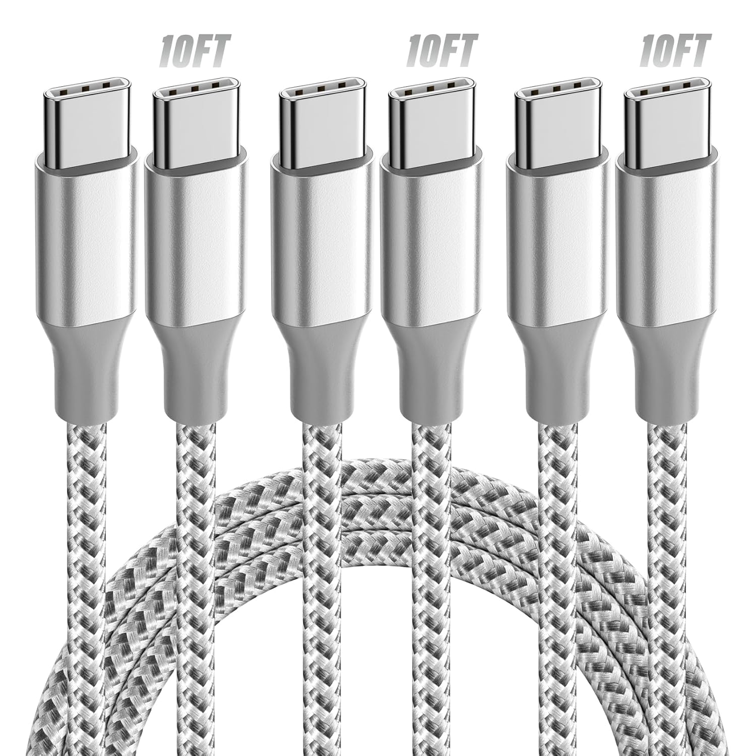 KYEHD USB C Cable,3 Pack 10FT 60W Fast Charging USB C to USB C Cable, Durable Type C Charger Cable for iPhone 17/16/15/iPad MacBook CarPlay and More-Grey White - Image 2