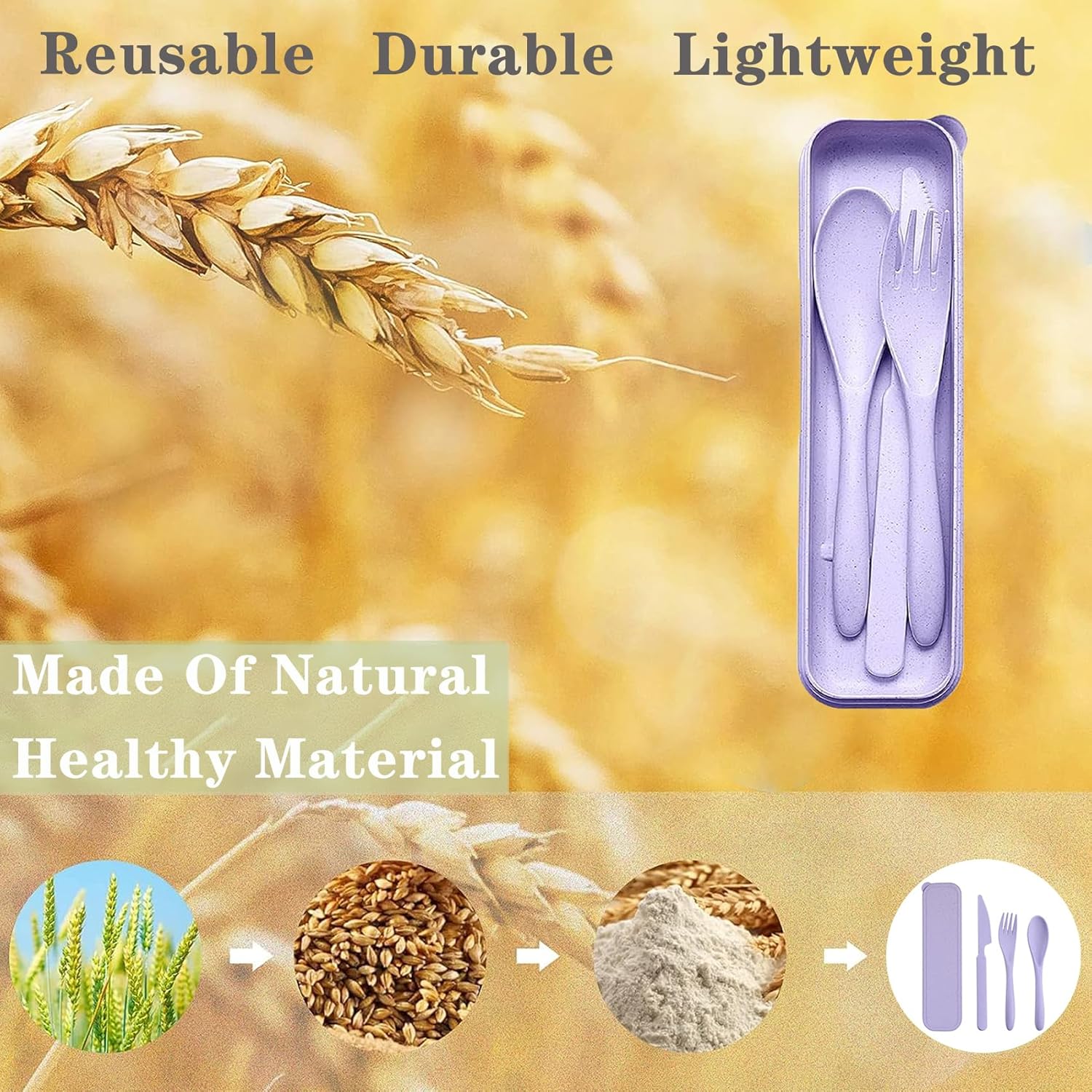 Reusable Travel Utensils with Case, Wheat Straw Portable Plastic Fork Spoons Knife Tableware, Eco-Friendly BPA Free Camping Cutlery for Lunch Box Accessories Work Picnic or Daily Use (Purple) - Image 3
