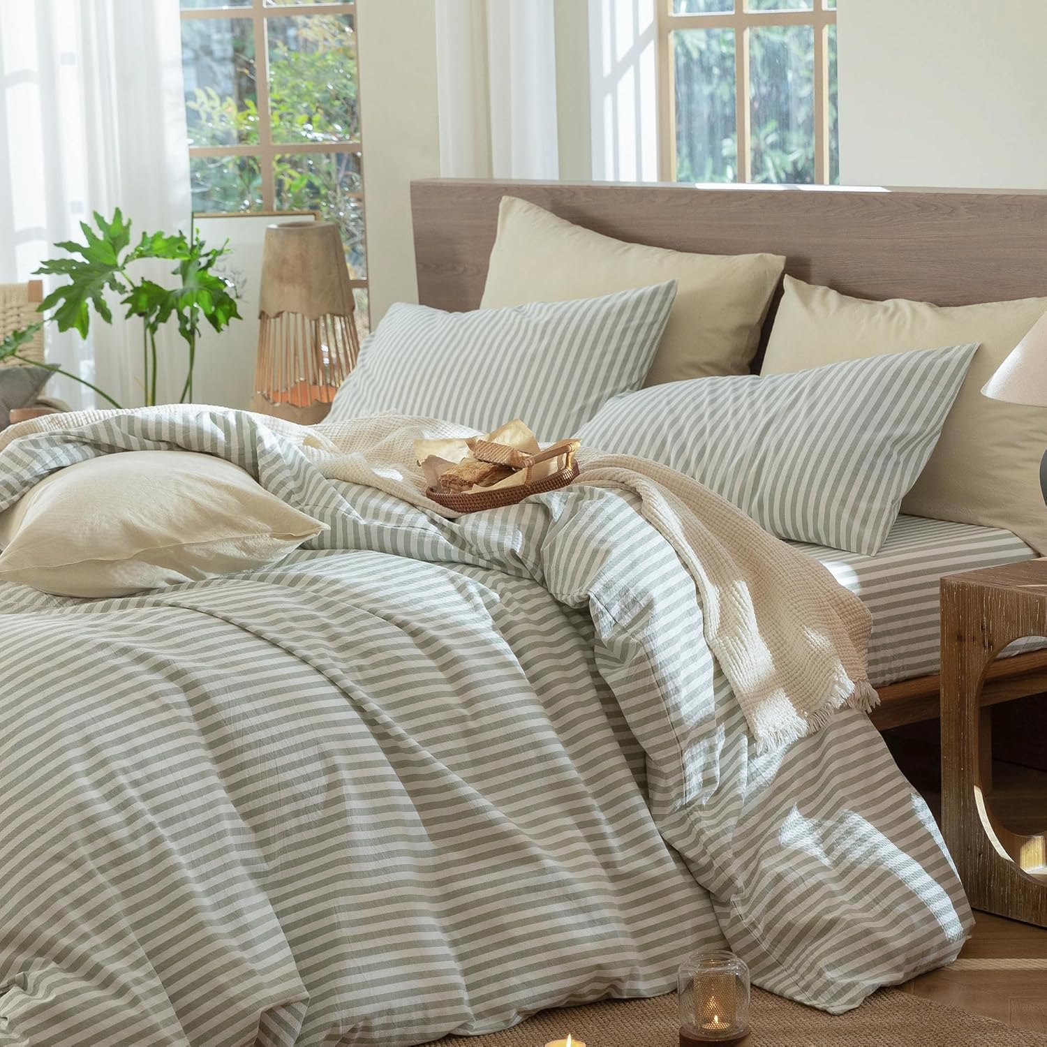 MooMee Striped Duvet Cover Set 100% Washed Cotton Linen Like Textured Breathable Durable Soft Comfy (Sage Green White Classic Stripes, Queen 90"x90") - Image 4