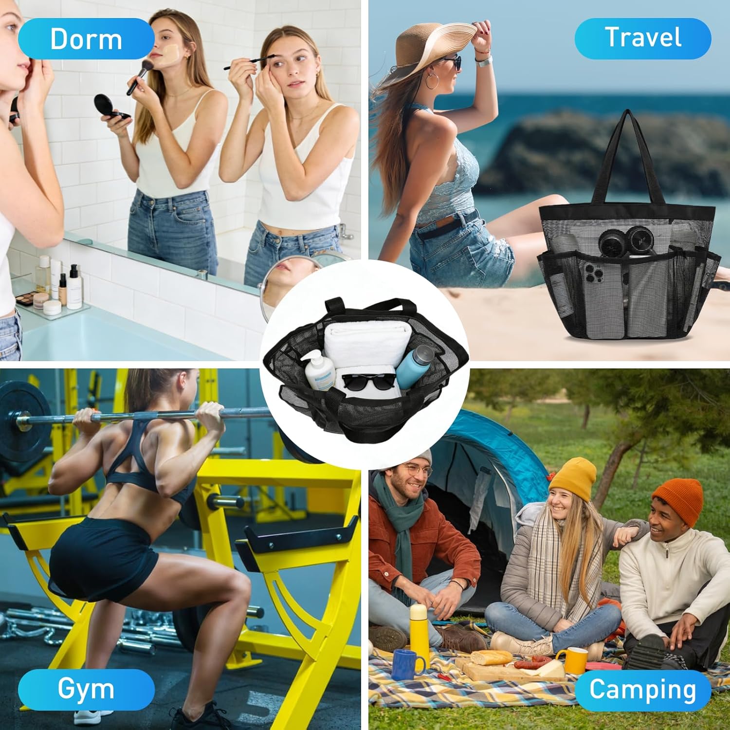 Mesh Shower Caddy Portable, Shower Tote Bag for Dorm Room Essentials, 8 Pockets Large Shower Basket for College Gym Beach Camping (1, Black) - Image 7