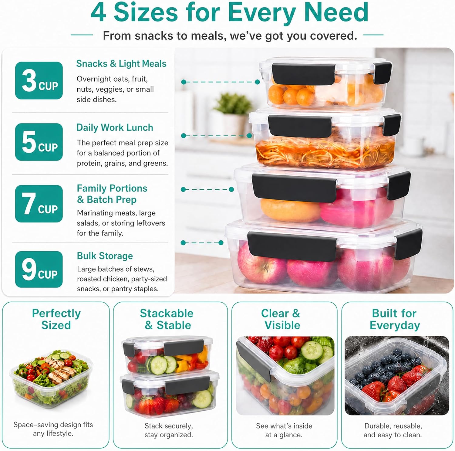 YORY 9 cup Plastic Food Storage Containers with Lids Nestable Freezer Dishwasher Safe Rectangle Meal Prep Container Set,5-Pack - Image 4