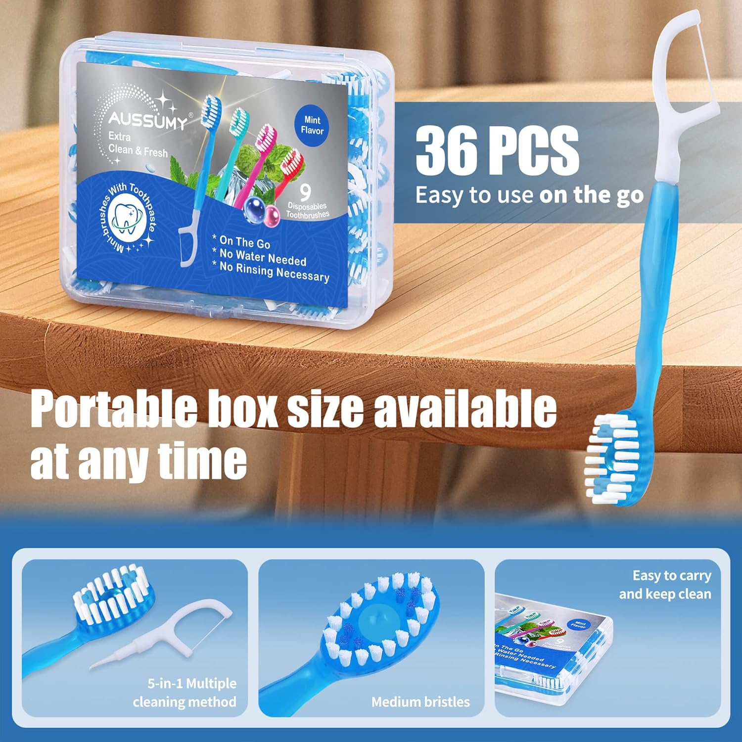 36 Pack Mini Disposable Toothbrushes – 5-in-1 Prepasted Travel Toothbrush with Toothpaste Floss & Pick for Hotel Camping Flight Car Guest Use – 9ct per Portable Case Essentials for Women Men Kids - Image 2