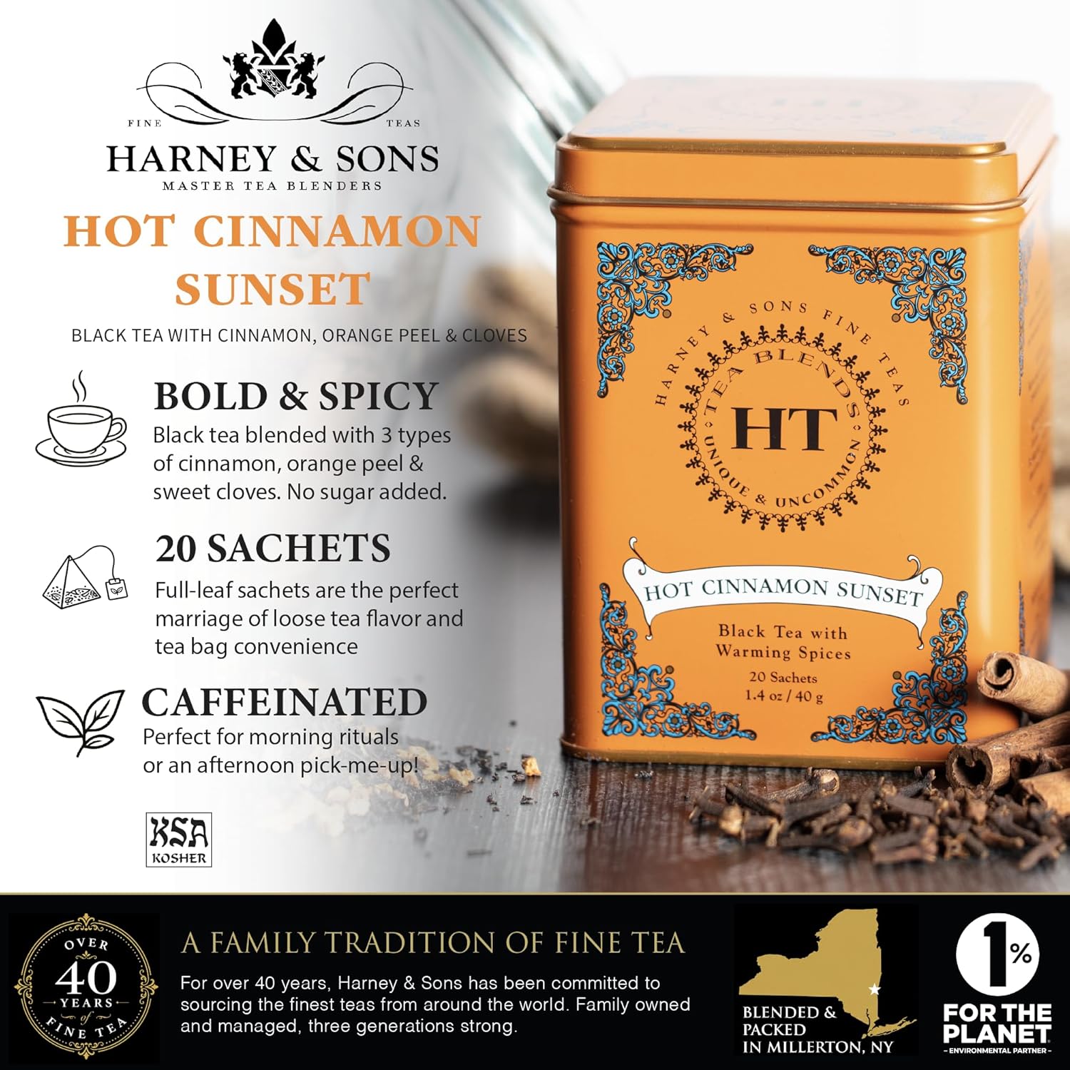 Harney & Sons Caffeinated Hot Cinnamon Sunset Black Tea with Orange and Cloves Tin 20 Sachets (Pack of 1) - Image 2