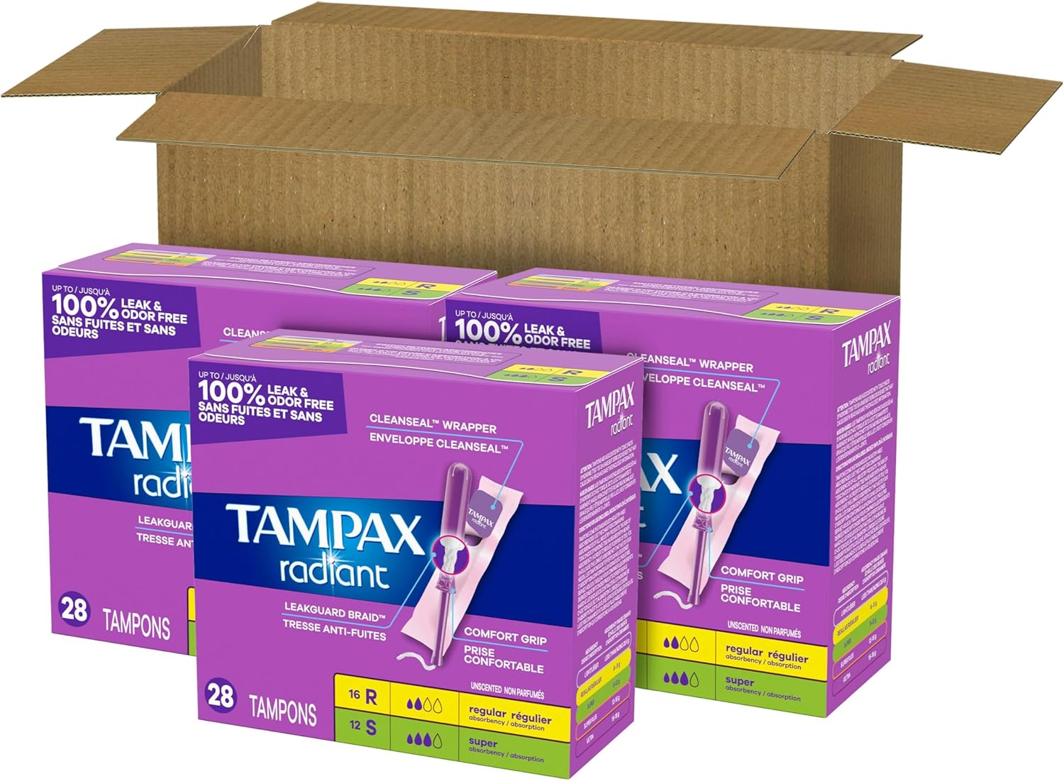 Tampax Radiant Tampons for Women Multipack, with LeakGuard Braid, Regular/Super Absorbency, Unscented, 84 Count (3 Packs of 28), Packaging May Vary - Image 15