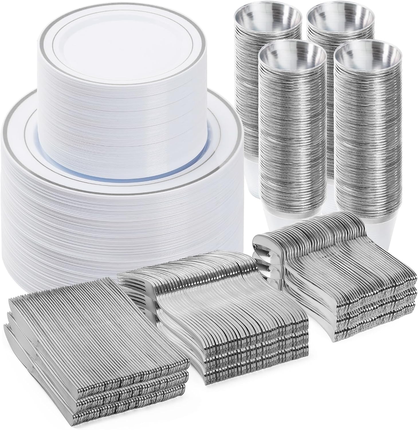 BESTVIP 600PCS Silver Dinnerware Set for 100 Guests, Plastic Plates for Party, 100 Silver Disposable Plates, 100 Dessert Plates, 100 Cups, 100 Spoons, 100 Forks and 100 Knives - Image 2