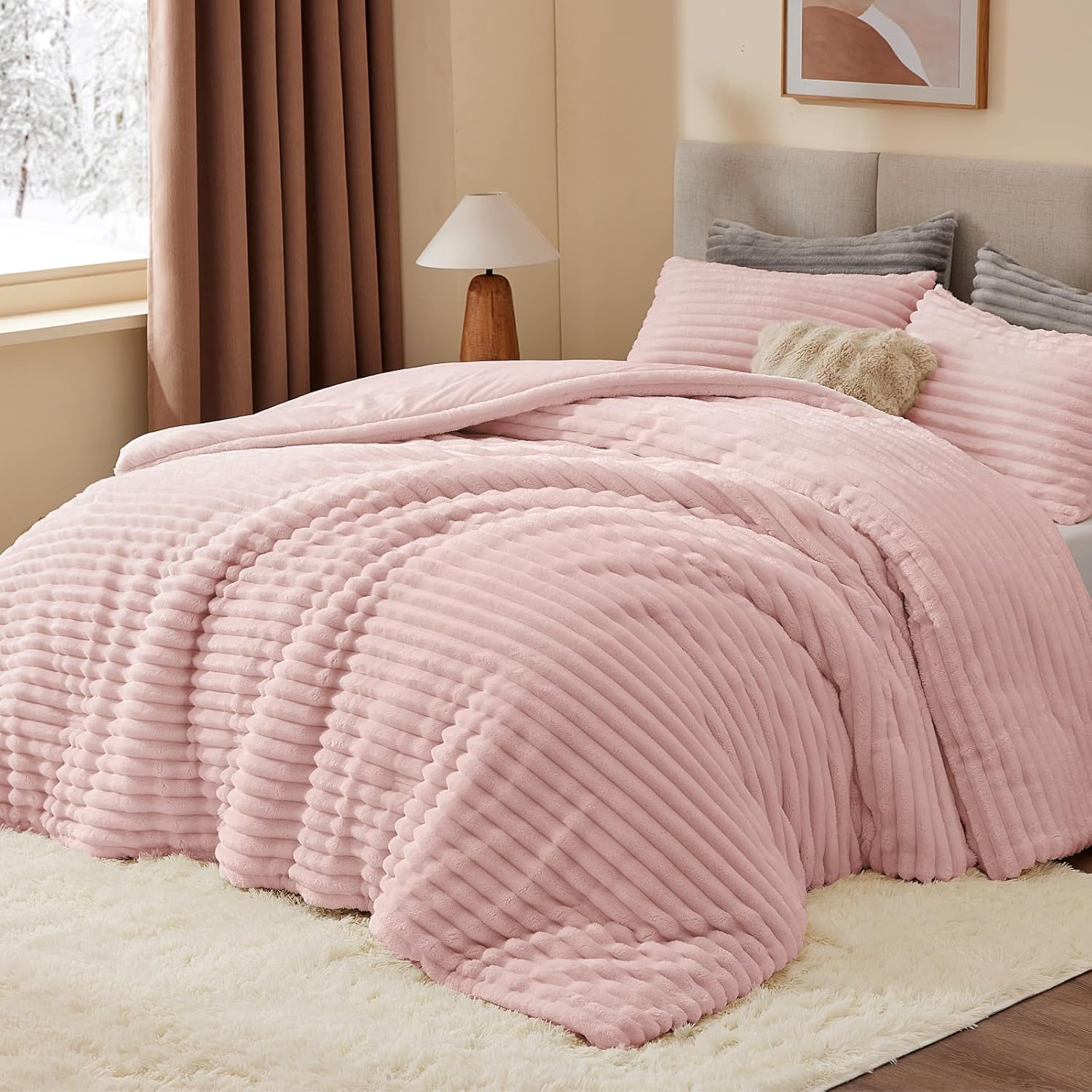 BEDELITE Fleece Queen Comforter Set -Super Soft & Warm Fluffy Pink Bedding, Luxury Fuzzy Heavy Bed Set for All Season with 2 Pillow Cases - Image 3