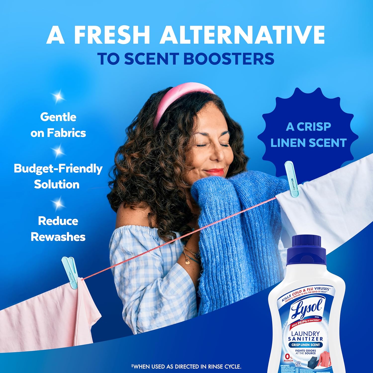 Lysol Disinfectant Laundry Sanitizer & Scent Booster, Laundry Detergent Additive, Color Safe Bleach Alternative, Laundry Odor Eliminator, Kills Bacteria & Viruses, Crisp Linen Scent, 41 Fl Oz Liquid - Image 5