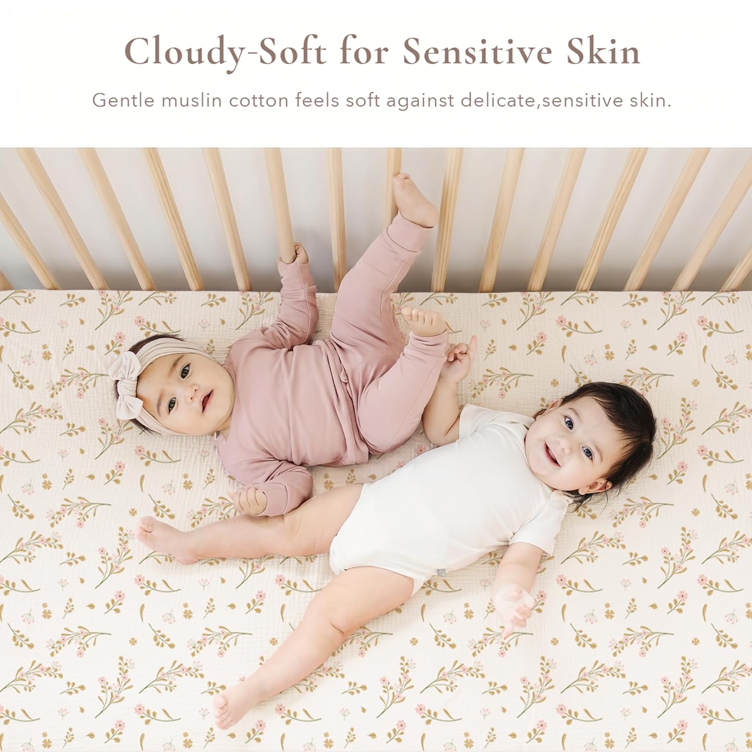 Konssy Muslin Crib Sheets for Girl Boy, 2 PCS Soft and Breathable Cotton Baby Sheets for Standard Crib Mattress, 52"x 28" (Floral, Pink) - Image 4