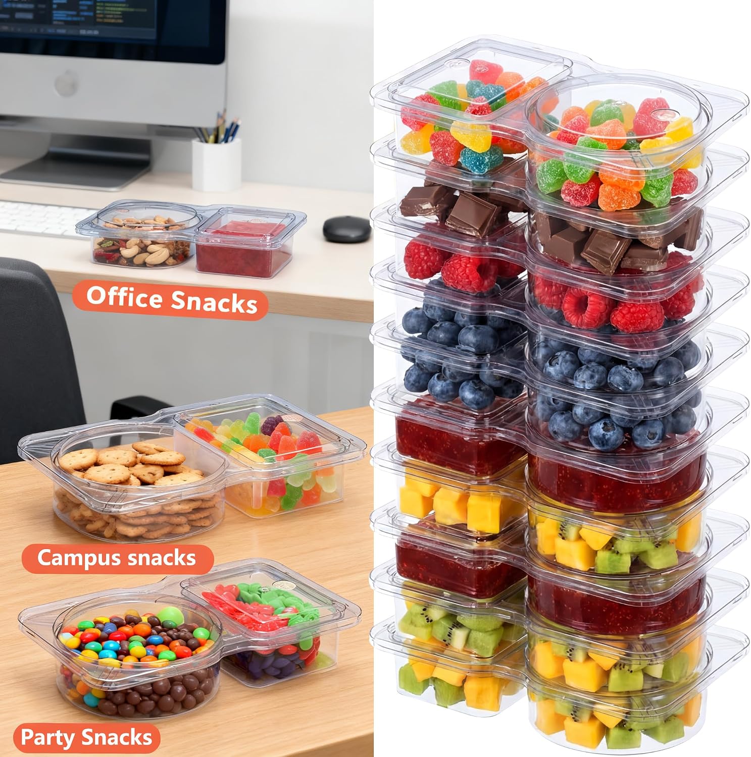 20 Pack Reusable Snack Containers with Lids, Double Compartment Snack Containers for kids & Adults -2 Compartment Condiment Containers, Dishwasher & Microwave Safe, for Portion Control, Meal Prep - Image 8