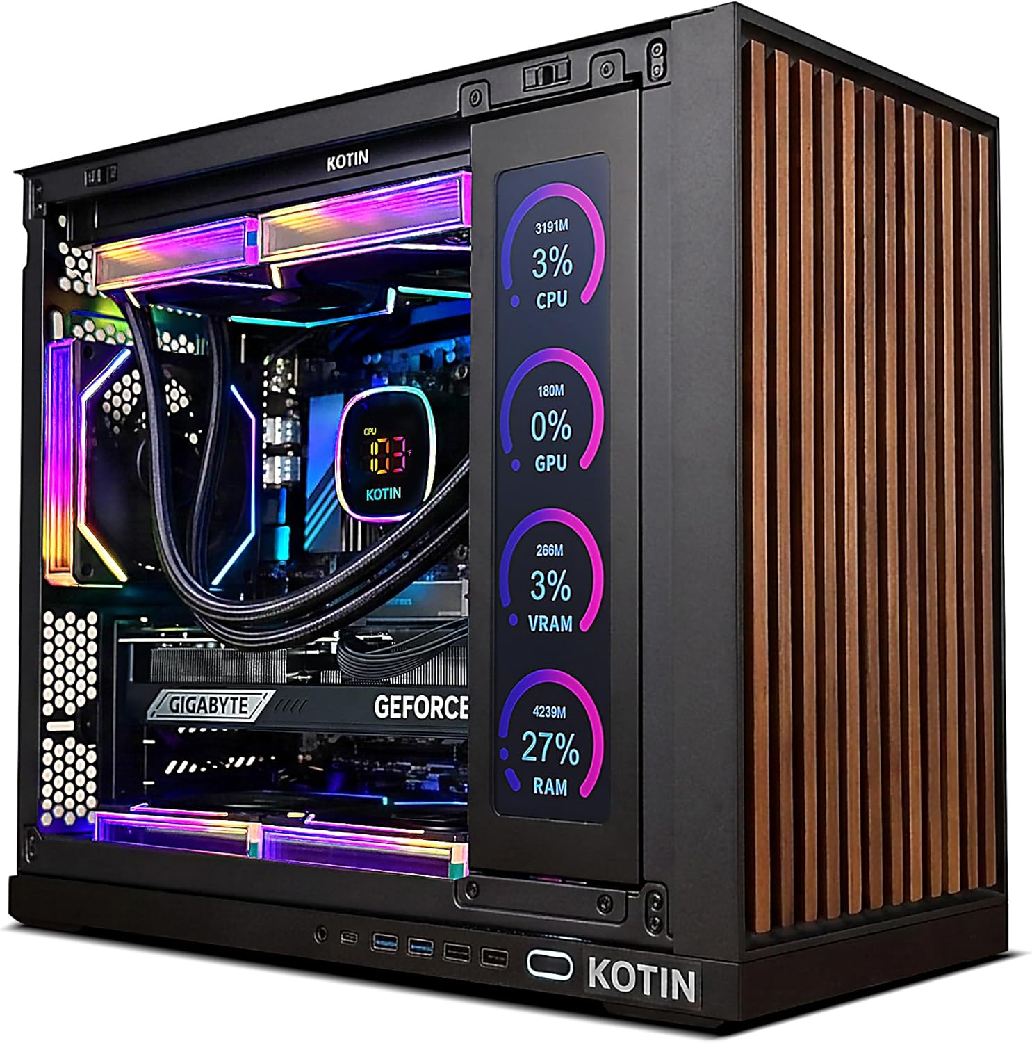 KOTIN G60B Prebuilt Gaming PC, GeForce RTX 5070 12GB GDDR7, AMD Ryzen 7 9700X, 32GB DDR5 6000MHz, 1TB PCIe 4.0 SSD, 360mm Liquid Cooler, 11.3 Inch Smart Display, WiFi 7, ARGB Tower for 4K Gaming