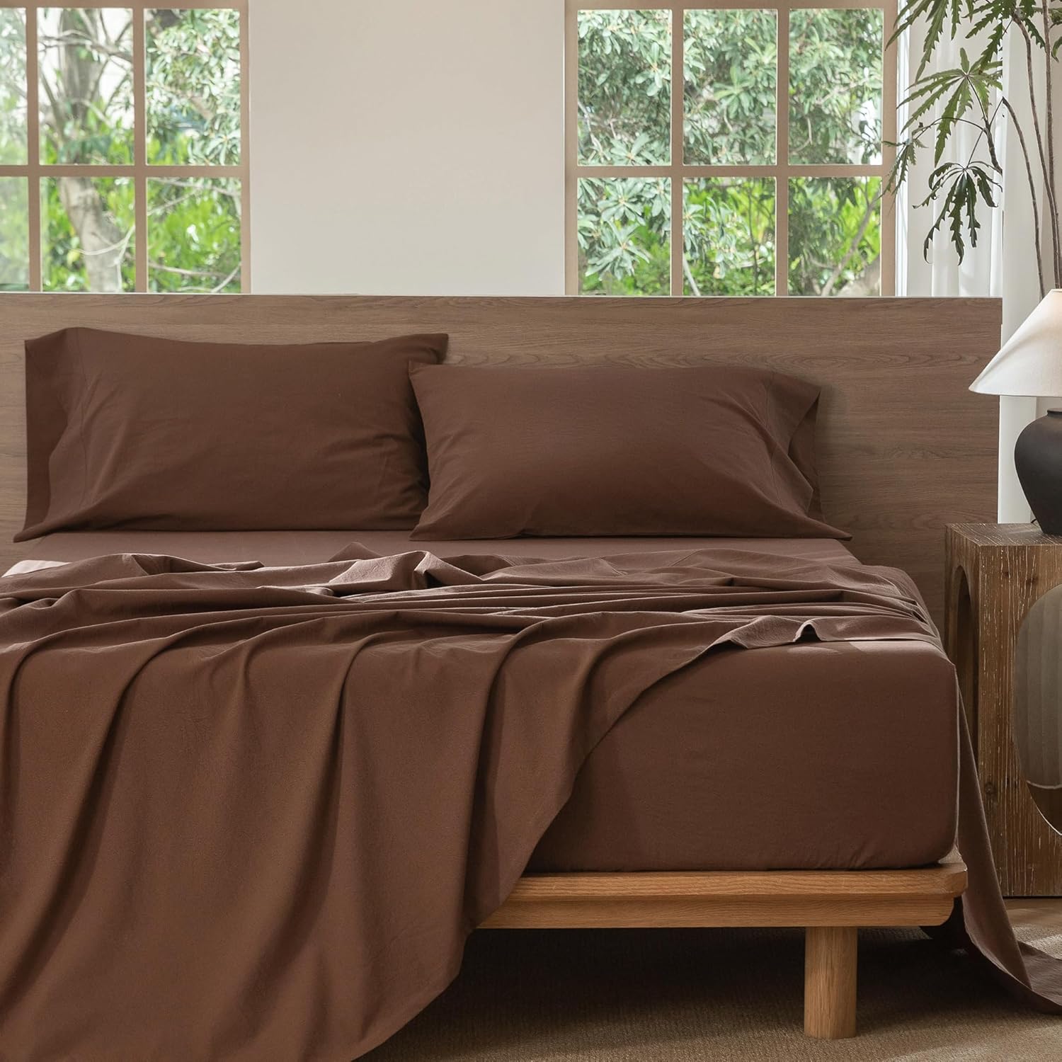 MooMee Bedding Sheet Set 100% Washed Cotton Linen Like Textured Breathable Durable Soft Comfy (Solid Cocoa Brown, King) - Image 6