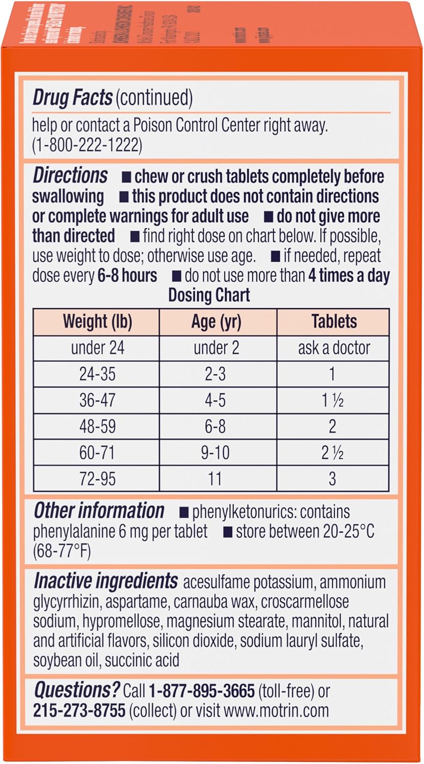 Motrin Children's Dye-Free Chewable Tablets with Ibuprofen, Kids' Fever Reducer & Pain Reliever for Sore Throat, Fever, Toothache & Pain Relief, Grape Flavor, 24 Ct - Image 9