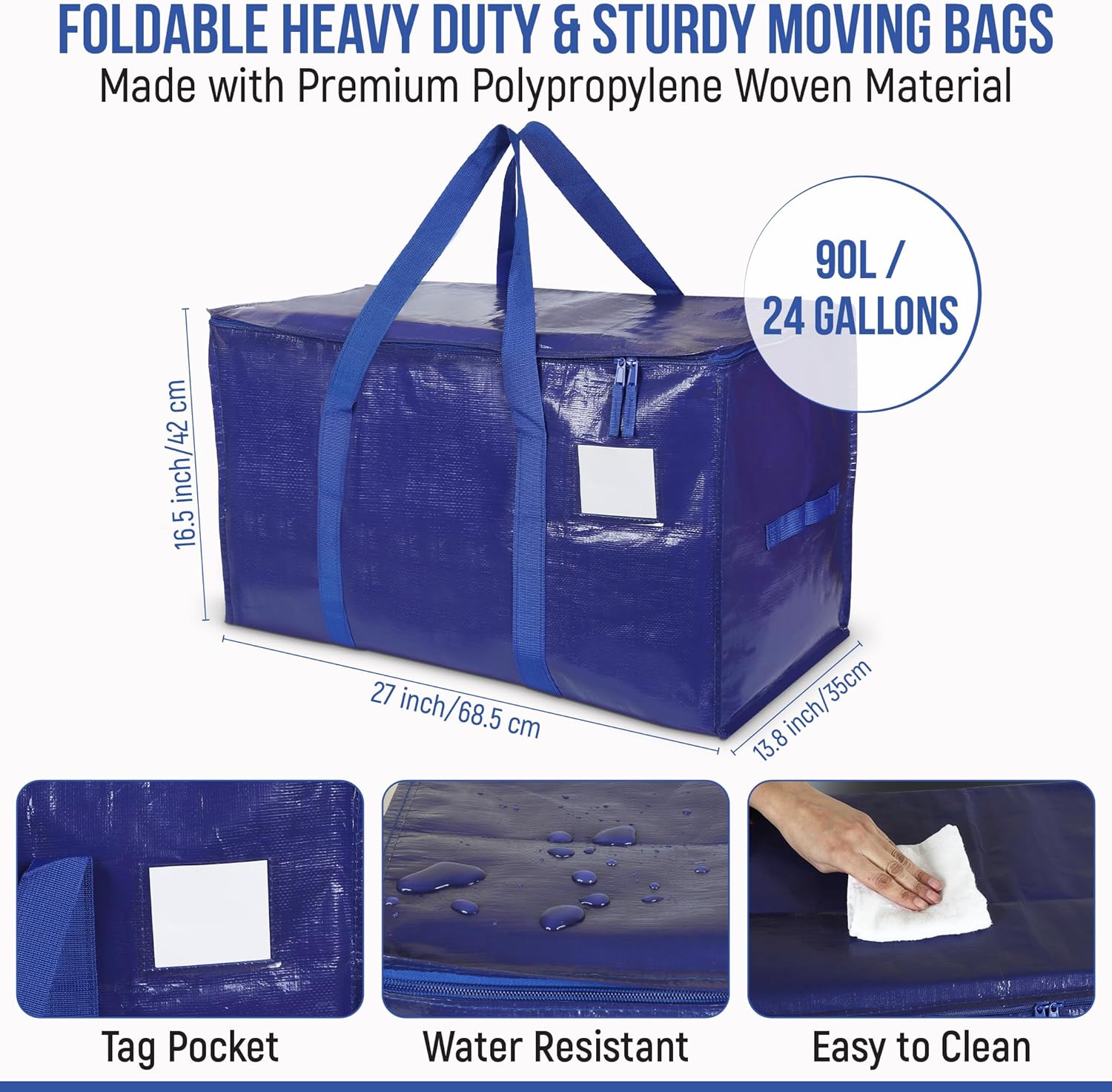 Heavy Duty Moving Bags 6 Pack, 90L Extra Large Storage Bags with Zipper & Handles, Waterproof Moving Box Alternative, Reusable Storage Bins for Clothes, Bedding, Dorm & Moving Supplies - Image 3