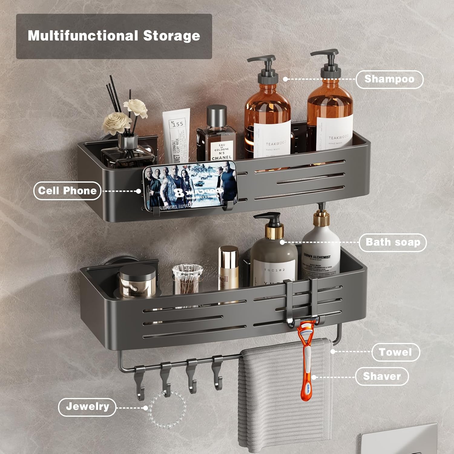 Voldra Shower Caddy Suction Cup, 2 Pack Shower Shelves for Inside Shower No Drilling, Aluminum Suction Showers Organizer with Towel Bar & Hooks Removable Bathroom Shelf Storage Rack(Gray) - Image 8
