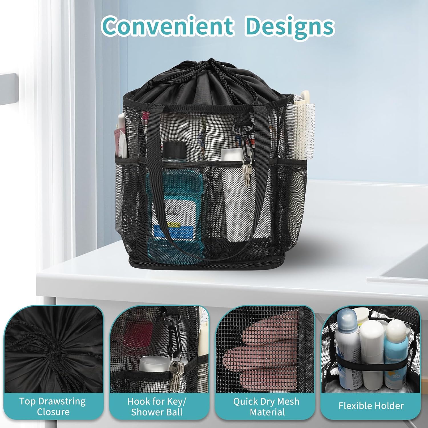 Mesh Shower Caddy Portable for College Dorm Room Essentials, Shower Tote Bag with Hanging Hook and Drawstring, Quick Dry Toiletry Bag with 6 Pockets for Bathroom, Swimming, Gym, Camping, Beach, Travel - Image 8