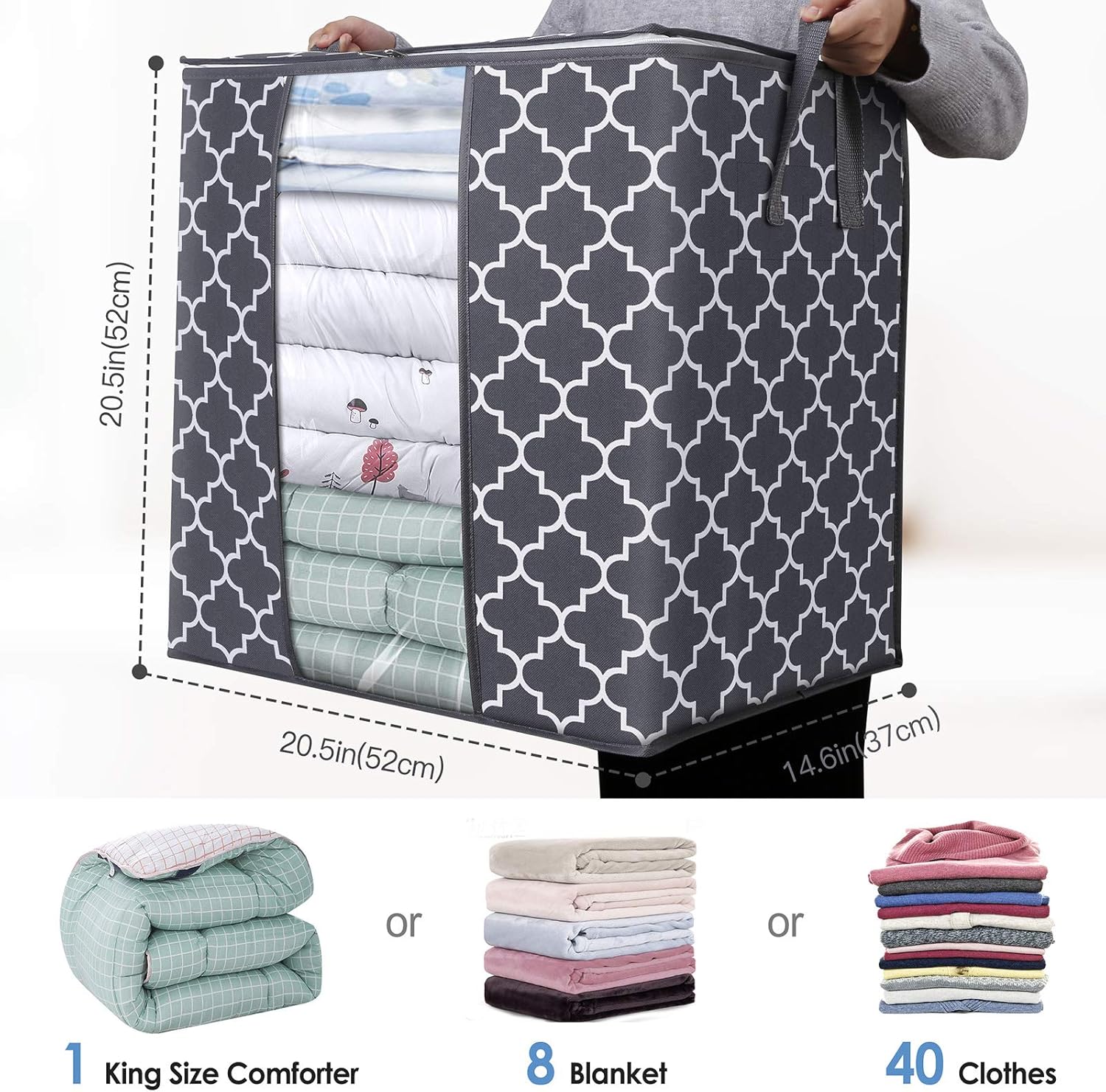 WISELIFE Storage Bags 3 Pack/100L Large Blanket Clothes Organization and Storage Containers for Comforters,Bedding, Foldable Organizer with Reinforced Handle, Clear Window, Sturdy Zippers,Gray - Image 3