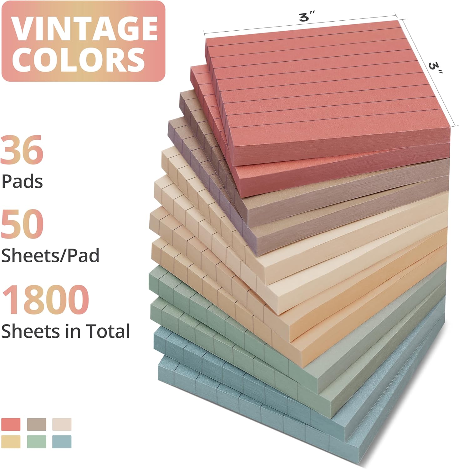 Lined Sticky Notes, 3x3 Inches, 36 pad, Self-Stick Note Pads for Office, Study & Daily Organization, Ideal for Notes and Reminders - Vintage - Image 3