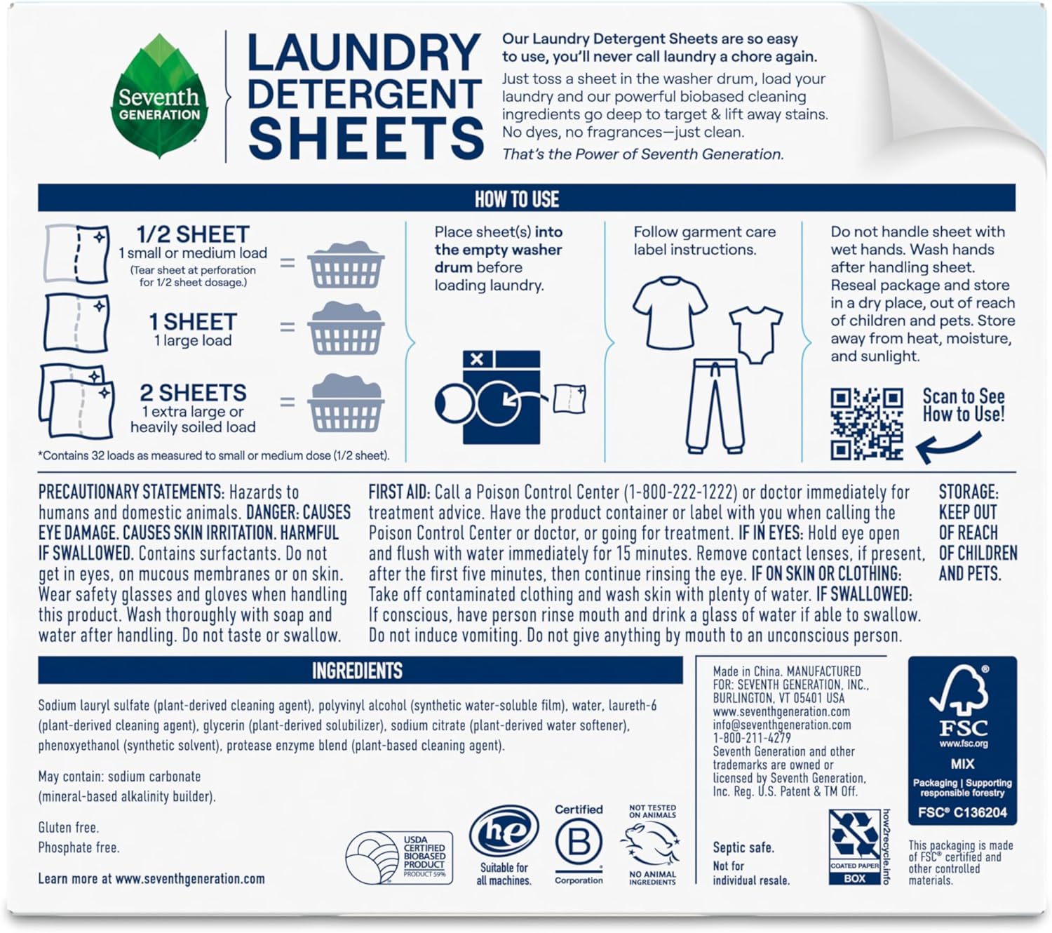 Seventh Generation Laundry Detergent Sheets 32ct Free & Clear Removes Tough Stains Safer for your family - Image 3
