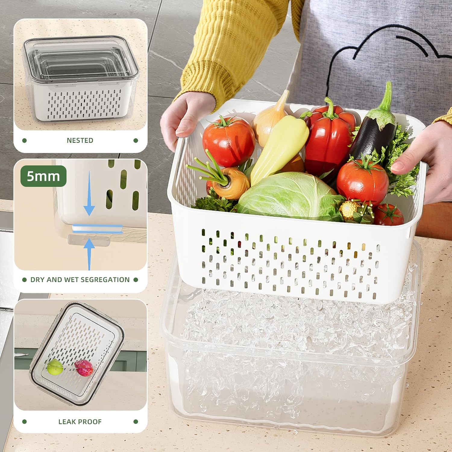 KEMETHY 5 Pack Fruit Storage Containers for Fridge with Removable Colanders - Food Storage Containers with Lids, BPA-Free Produce Containers Keep Fruits, Vegetables, Berry, Meat Fresh Longer - Image 6
