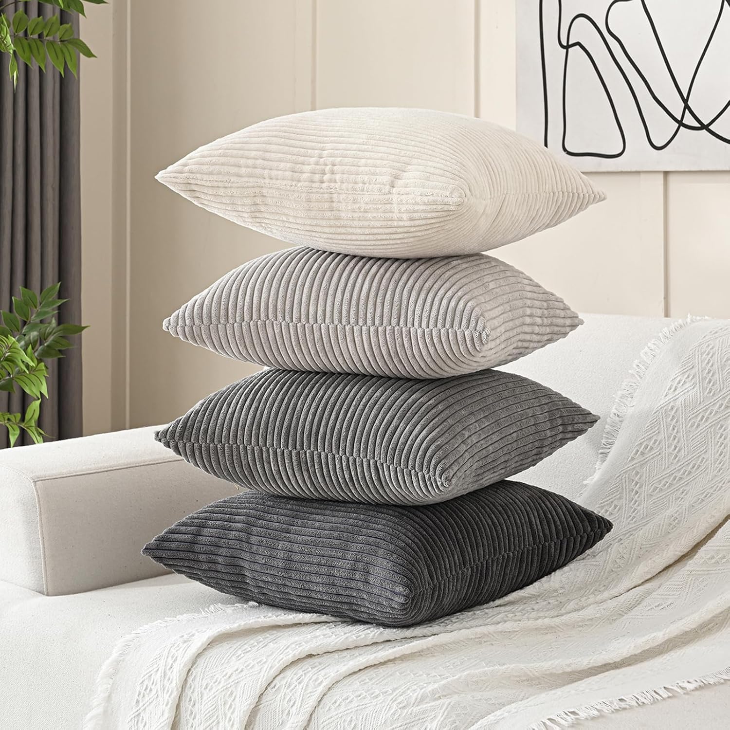 Volcanics Set of 4 Neutral Grey Corduroy Decorative Couch Throw Pillow Covers 18x18 Inch, Western Modern Farmhouse Striped Cushion Cases, Soft Boho Square Accent Pillow Covers for Home Sofa - Image 3