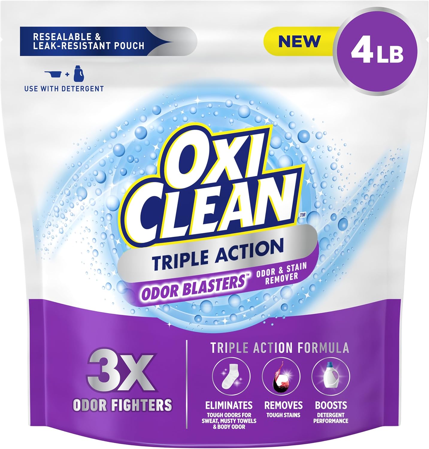 OxiClean Triple Action Odor and Stain Remover Powder, Use with Detergent, Eliminates Tough Odors and Removes Stains, Color Safe and Chlorine Free, 4 lbs - Image 2