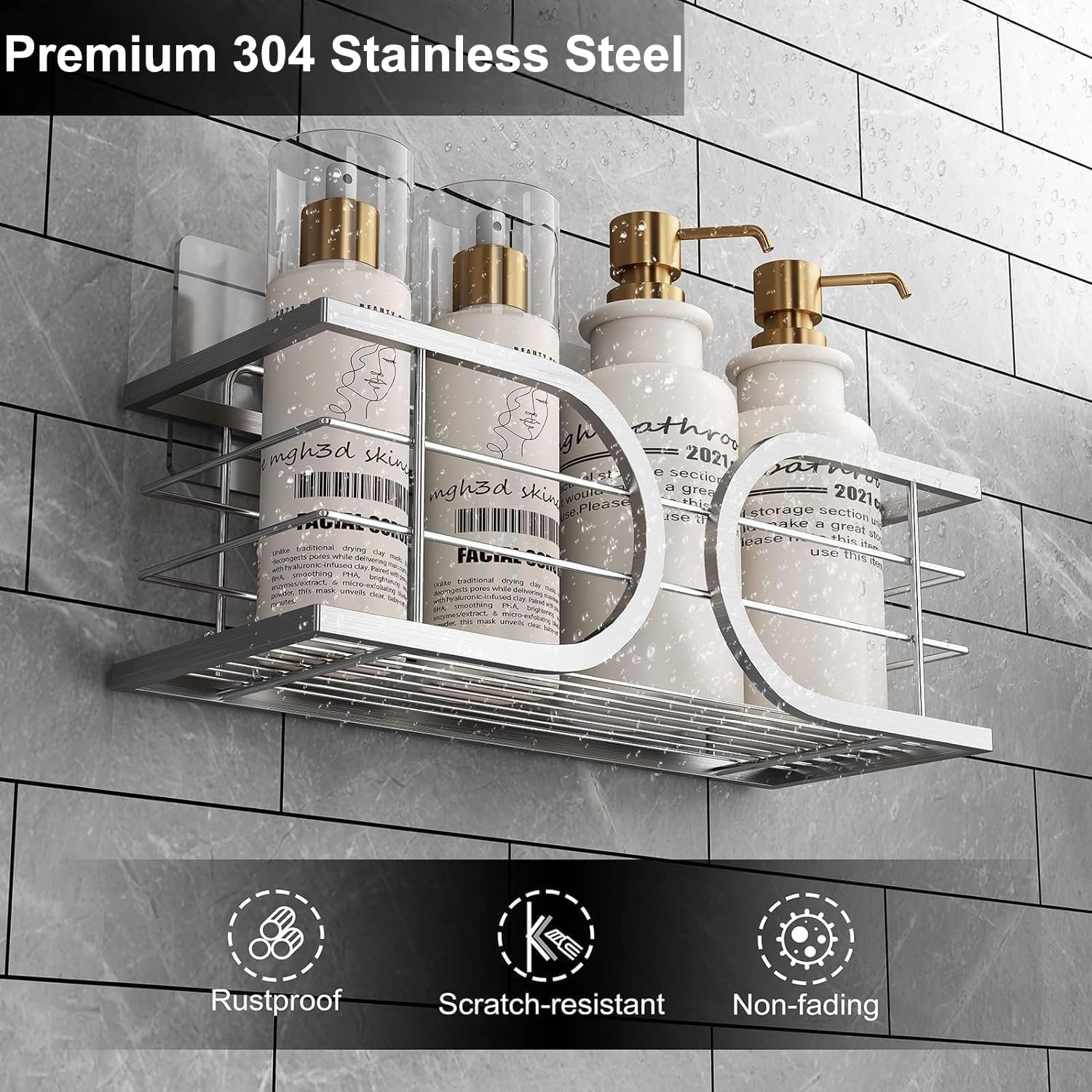 Shower Caddy No Drill Wall Mounted 304 Stainless Steel Durable Large Capacity Adhesive Shower Rack Organiser Quick Dry Rustproof Bathroom Storage Shelves - 2 Pack (Silver) - Image 4