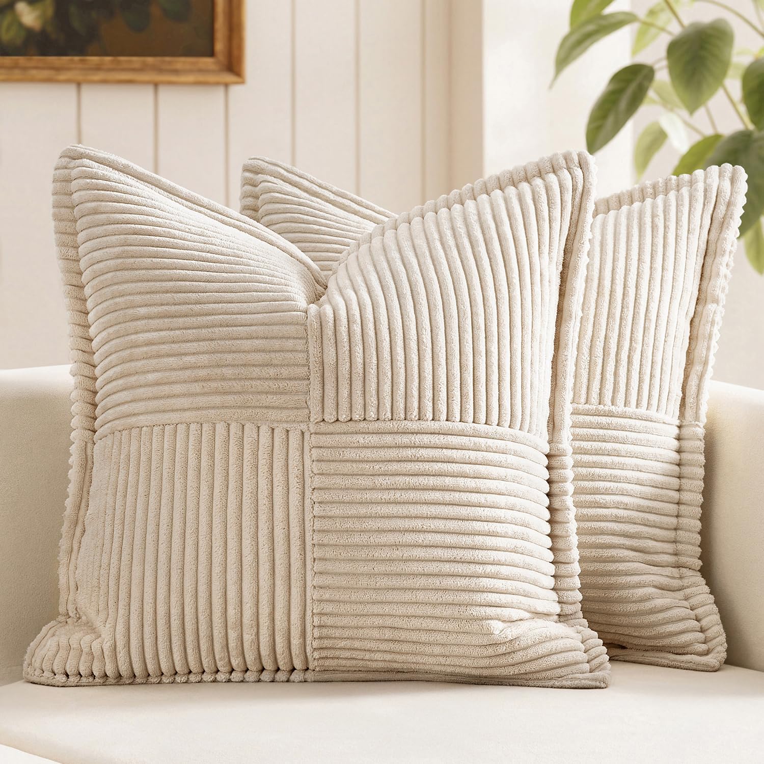 MIULEE Decorative Throw Pillow Covers for Couch Bed Livingroom 18x18 Inch Set of 2 Beige Boho Accent Throw Pllows Broadside Striped Patchwork Soft Corduroy Pillowcases - Image 2
