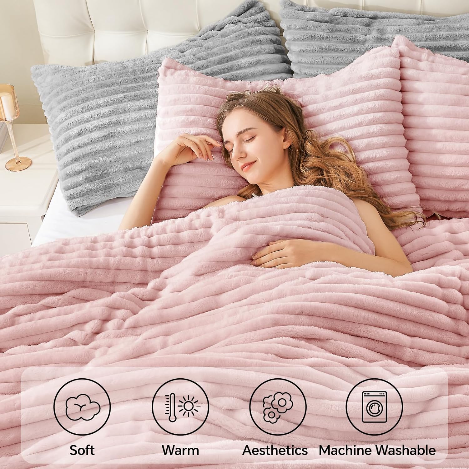 BEDELITE Fleece Queen Comforter Set -Super Soft & Warm Fluffy Pink Bedding, Luxury Fuzzy Heavy Bed Set for All Season with 2 Pillow Cases - Image 4