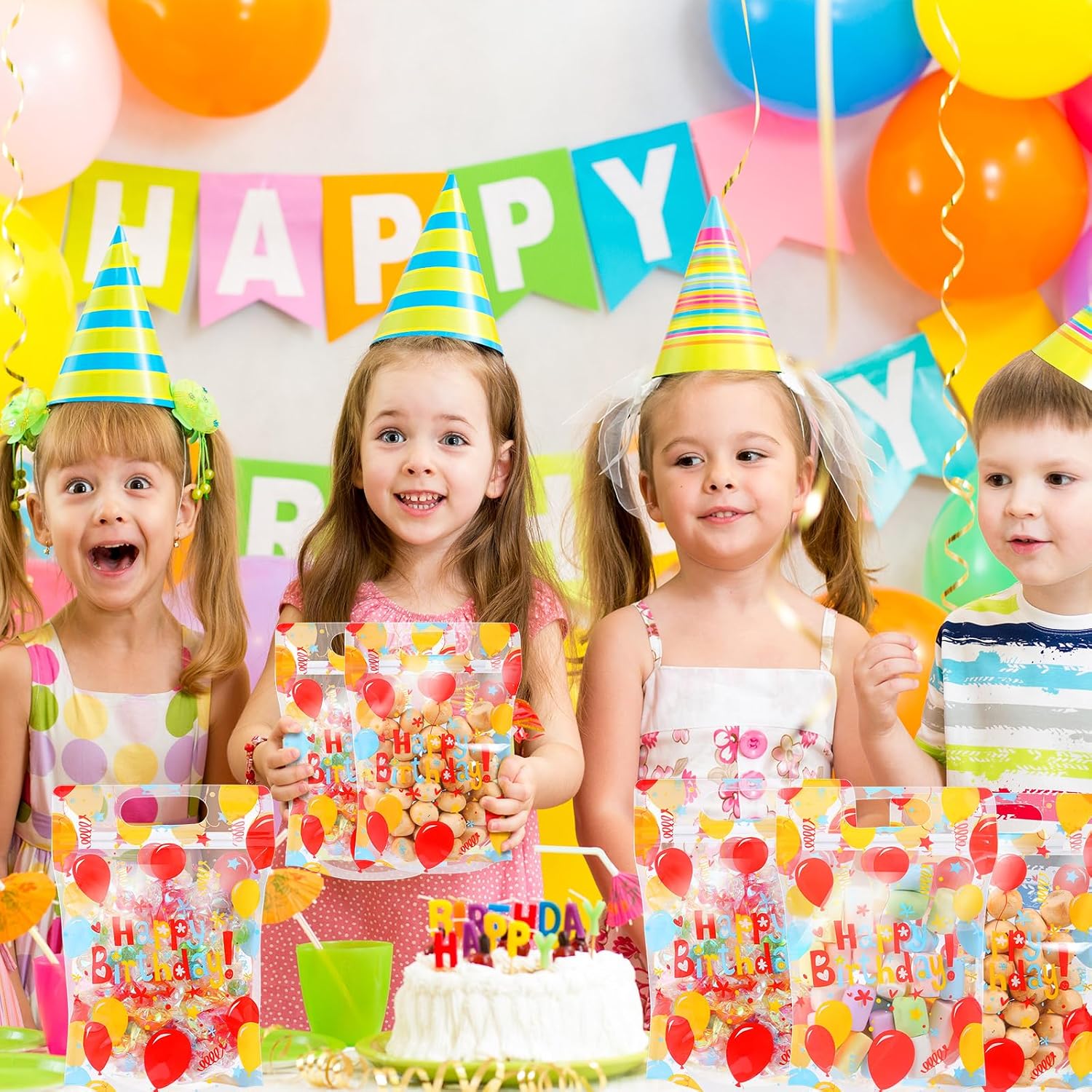 Teenyyou 60 Pcs Happy Birthday Sealing Gift Bags Plastic Colorful Balloon Pattern Zip Closure Bags with Handles for Candy Treat Goodie Cookie Wrapping Birthday Party Favors Supplies - Image 7