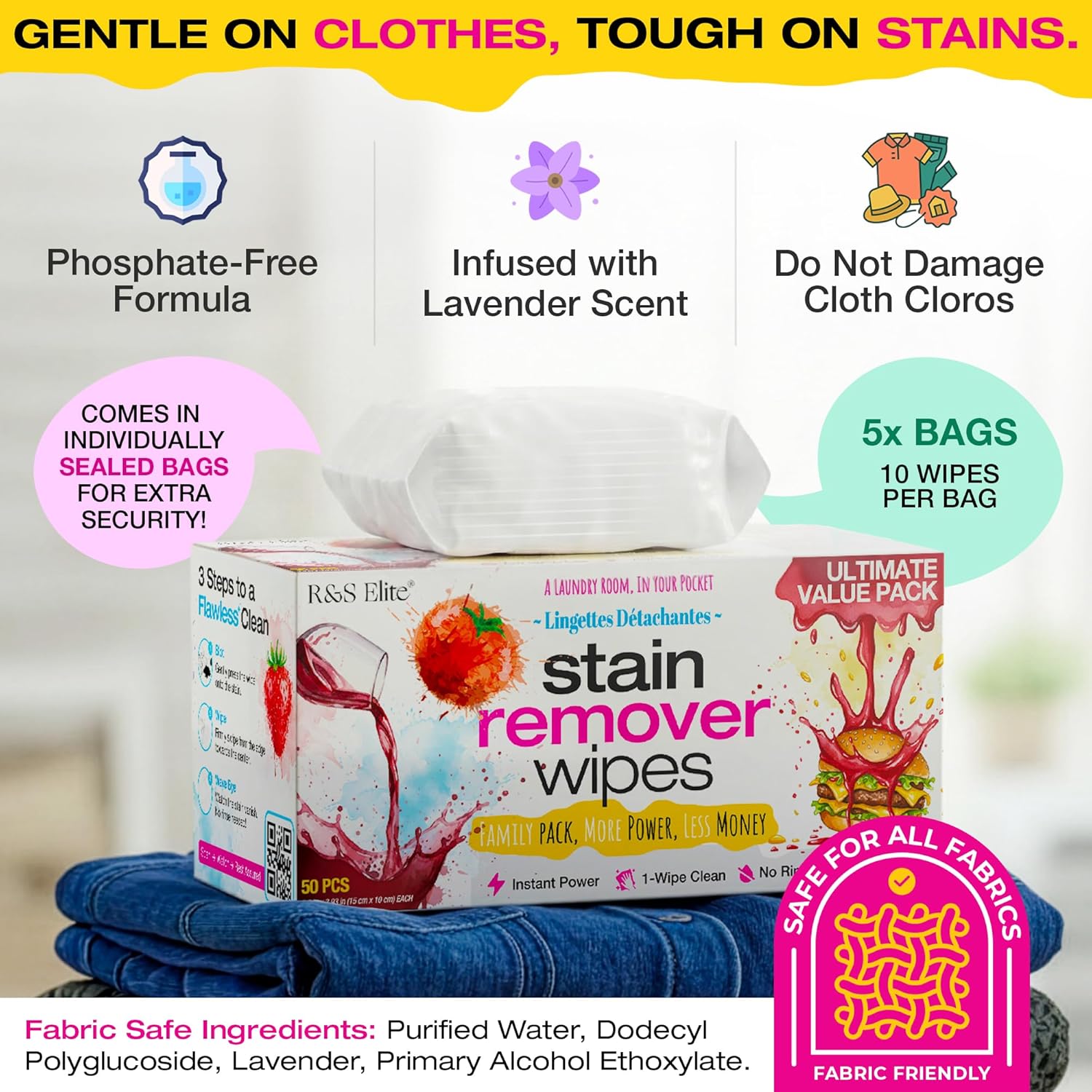 Stain Remover Wipes - 50 PCS Individually Wrapped – Instant Stain Remover for Clothes, Fabric & Jackets – Portable No-Rinse Cleaner for Travel, Purse & Diaper Bag – Removes Grease, Food & More - Image 8
