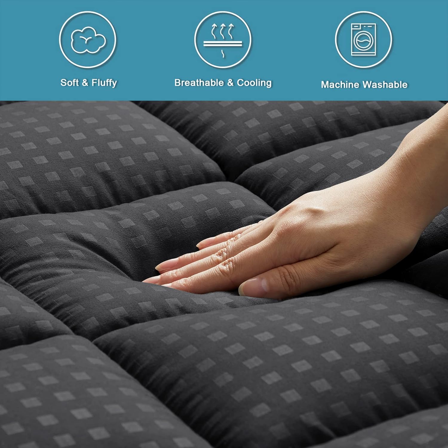 HYLEORY Queen Mattress Pad Quilted Fitted Mattress Protector Cooling Pillow Top Mattress Cover Breathable Fluffy Soft Mattress Topper with 8-21" Deep Pocket, Black - Image 5