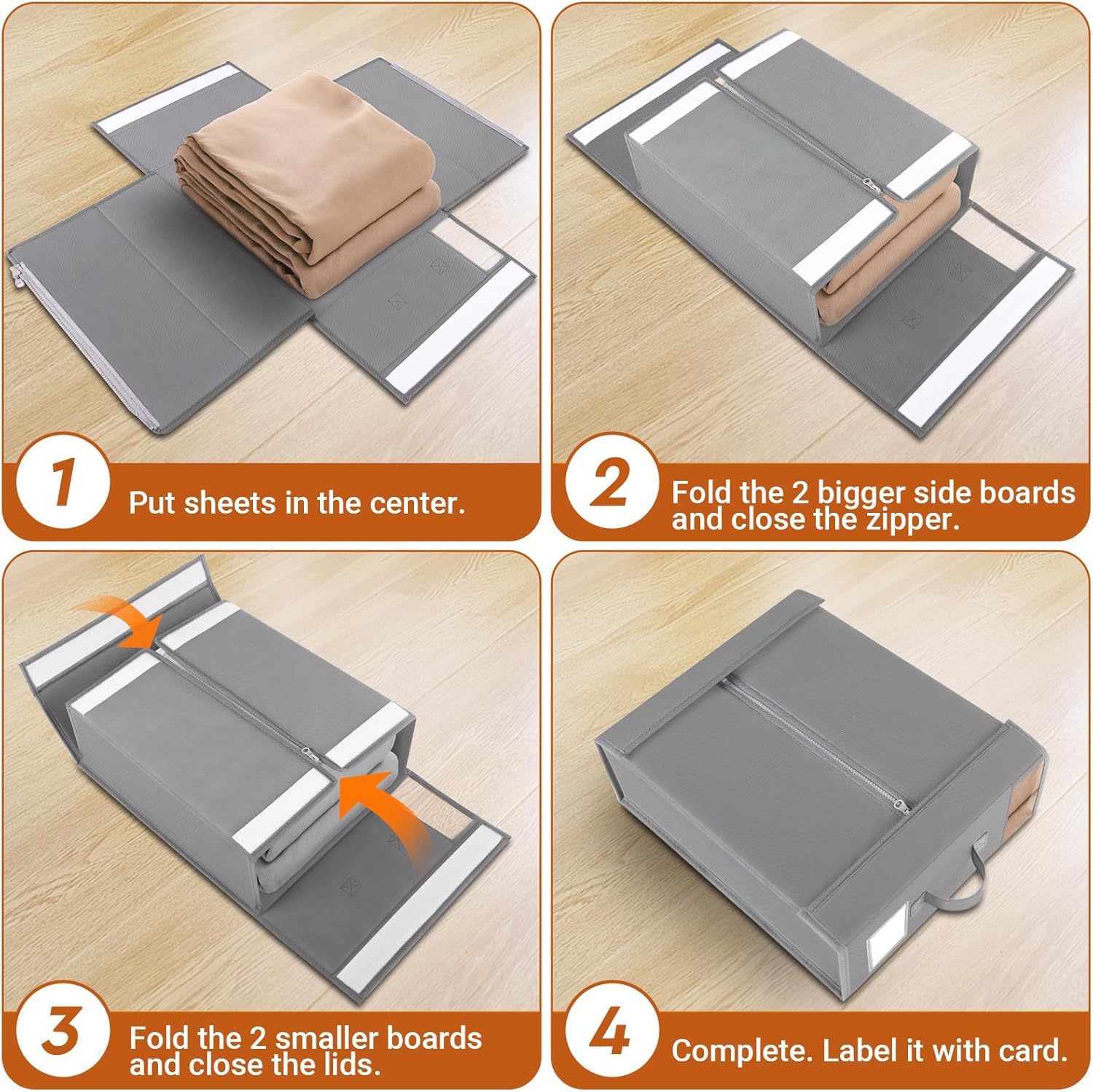 StorageTastic 4 Pack Bed Sheet Closet Organizers and Storage,Sturdy Foldable Storage Containers with Window and Label,Storage and Organization for Bedding Sheets,Duvet Covers,Blankets (Grey) - Image 5