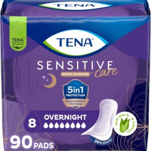 TENA Sensitive Care Incontinence Pads, Bladder Control & Postpartum for Women, Overnight Absorbency, Extra Coverage, 90 Count