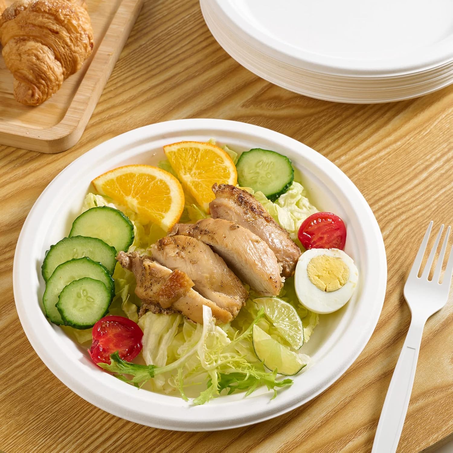 Vplus 500 Pack Paper Plates 9 inch 100% Compostable, Heavy-Duty Disposable Paper Plates Bagasse Natural Biodegradable Eco-Friendly Sugarcane(White) - Image 3