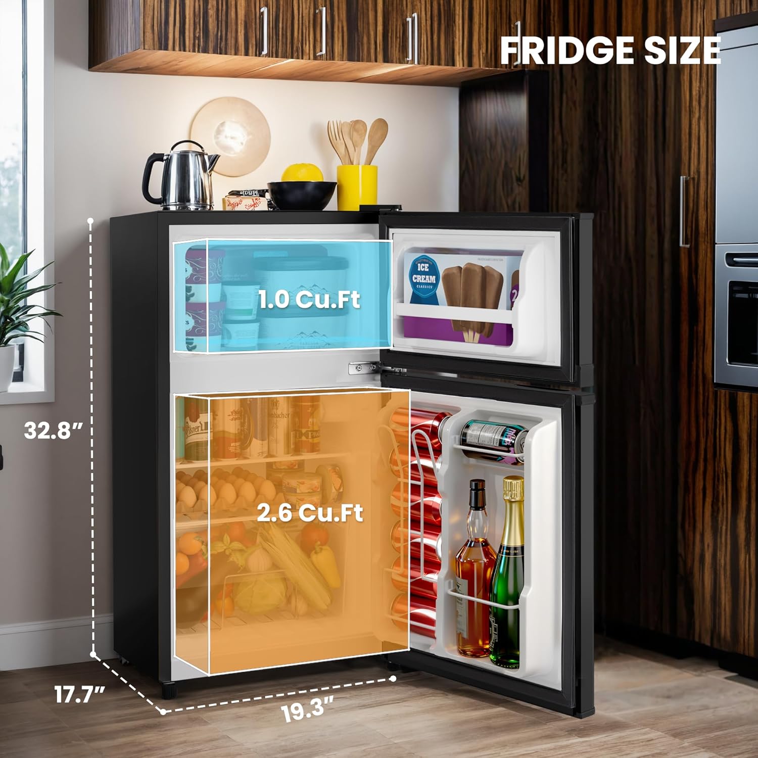 Manastin 3.6 Cu.Ft Mini Fridge with Freezer, 2-Door Small Refrigerator with Adjustable Thermostat, Quiet Mini Refrigerator for Bedroom, Dorm & Office (Black) - Image 2