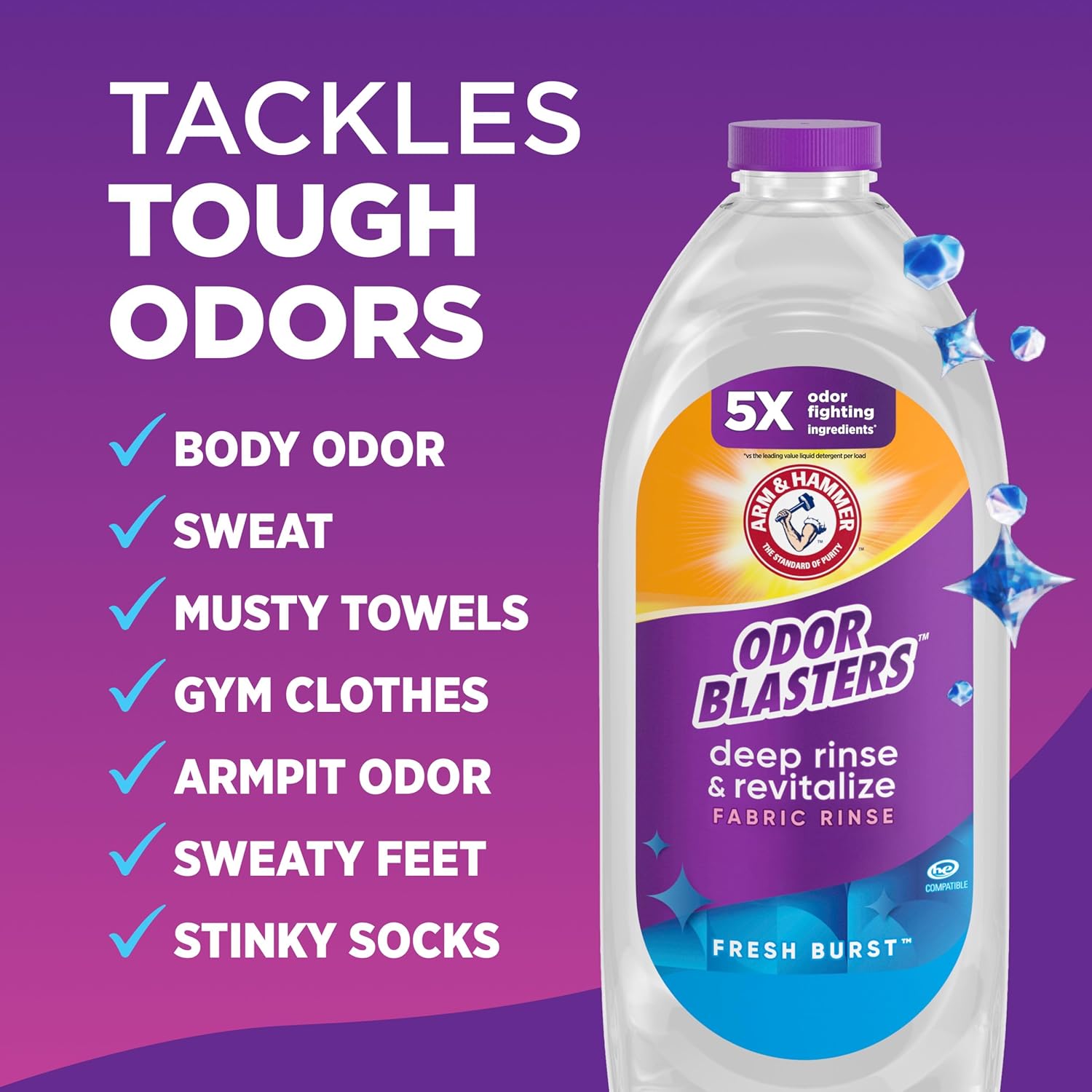 ARM & HAMMER Odor Blasters Deep Rinse and Revitalize Fabric Rinse, Laundry Additive, Eliminates Sweat and Musty Odors, Fresh Burst Scent, 50 fl oz - Image 5