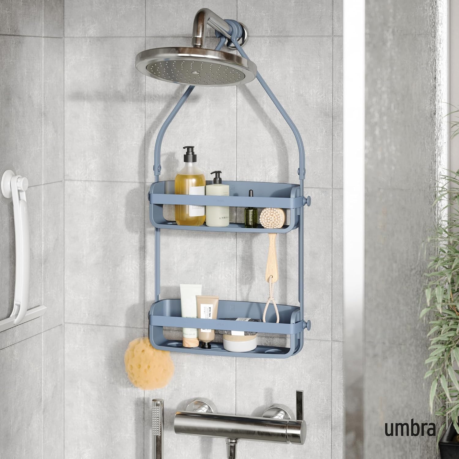 Umbra Flex Hanging Shower Caddy with 2 Shelves, Bathtub Shelf and Bathroom Organizer, Slate Blue - Image 3