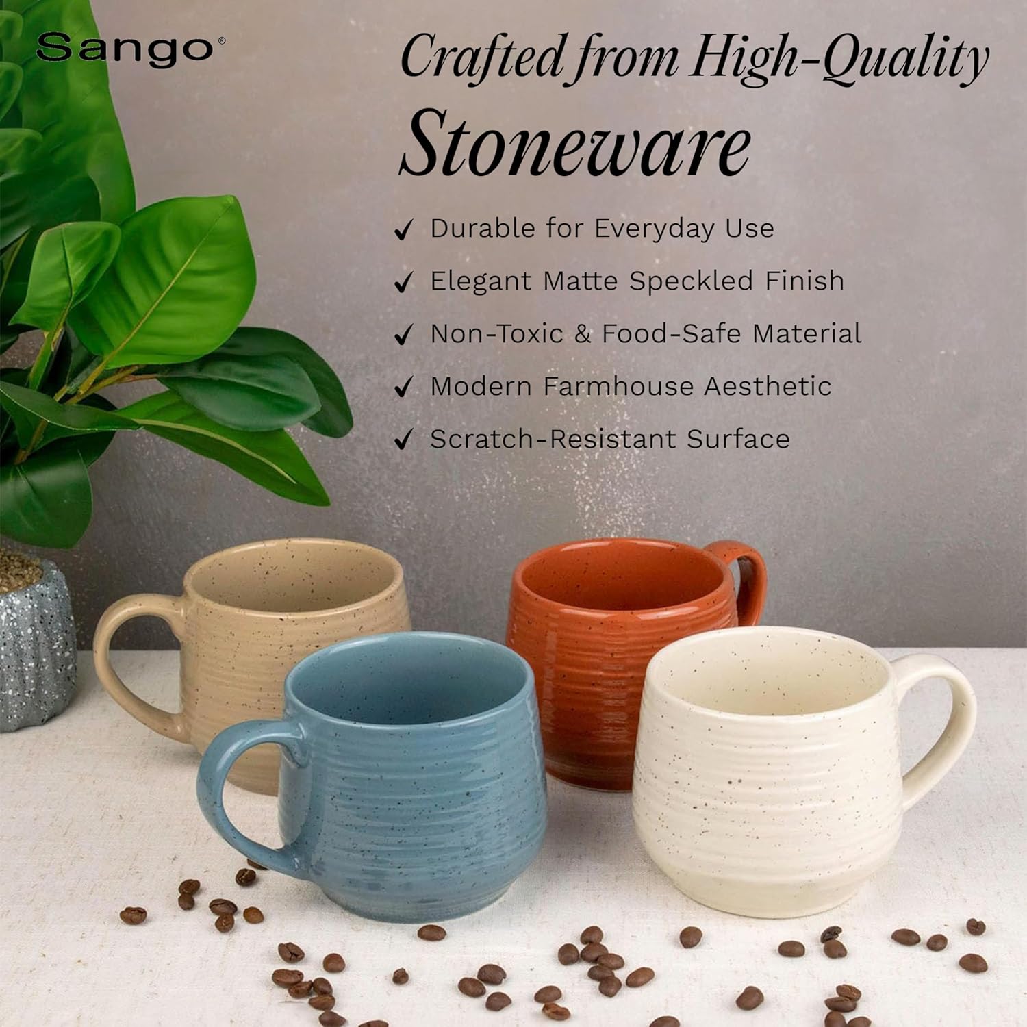 Sango 17.5 oz Stoneware Coffee Mugs Set of 4, Rustic Ceramic Mug with Speckled Reactive Glaze, Large Pottery Drinkware for Coffee or Tea, Dishwasher & Microwave Safe Mugs, Siterra Painter’s Palette - Image 4